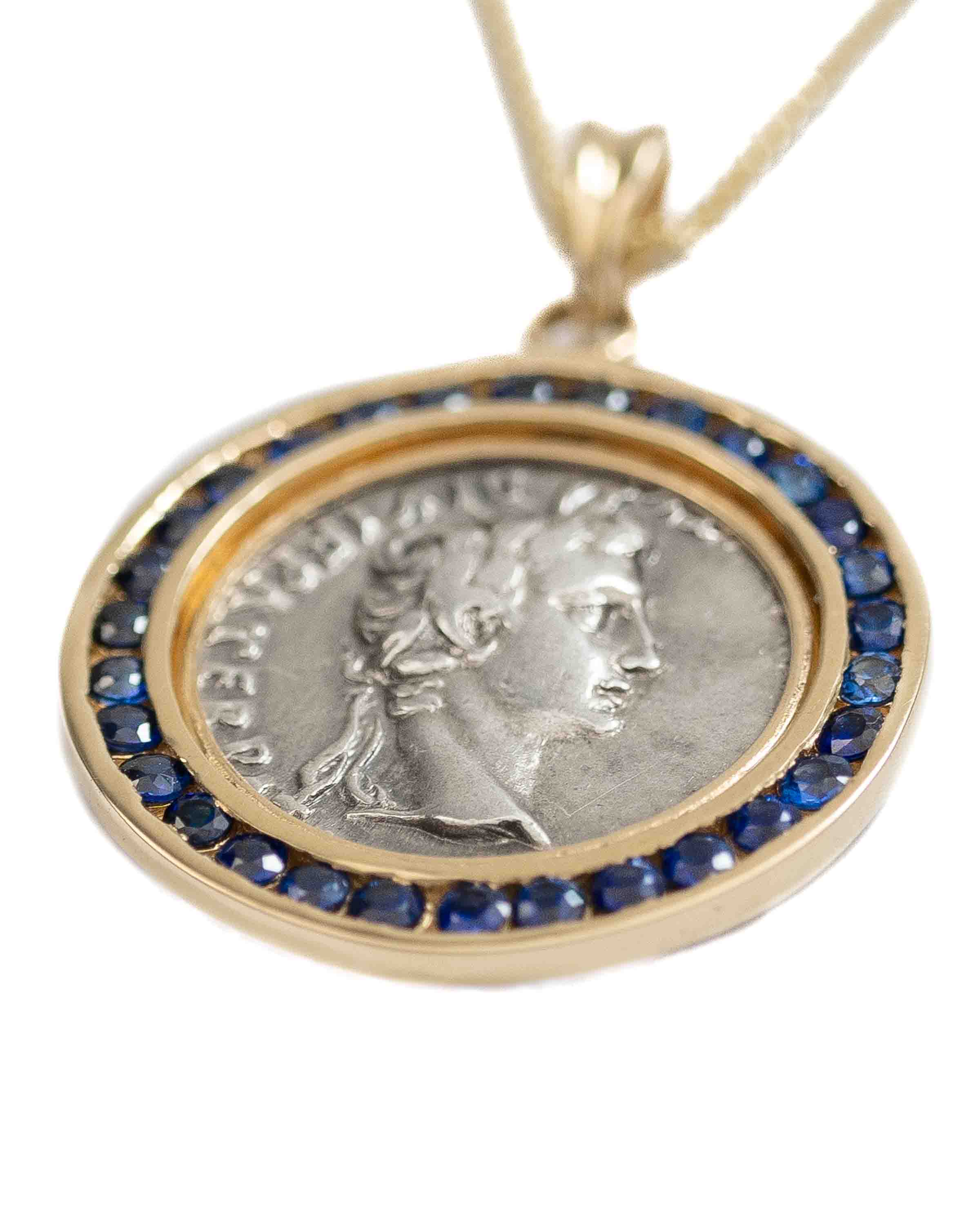 14k Gold & Blue Sapphire Genuine Ancient Roman Coin Necklace (Augustus; 27 B.C.-14 A.D.)