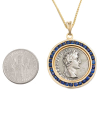 14k Gold & Blue Sapphire Genuine Ancient Roman Coin Necklace (Augustus; 27 B.C.-14 A.D.)