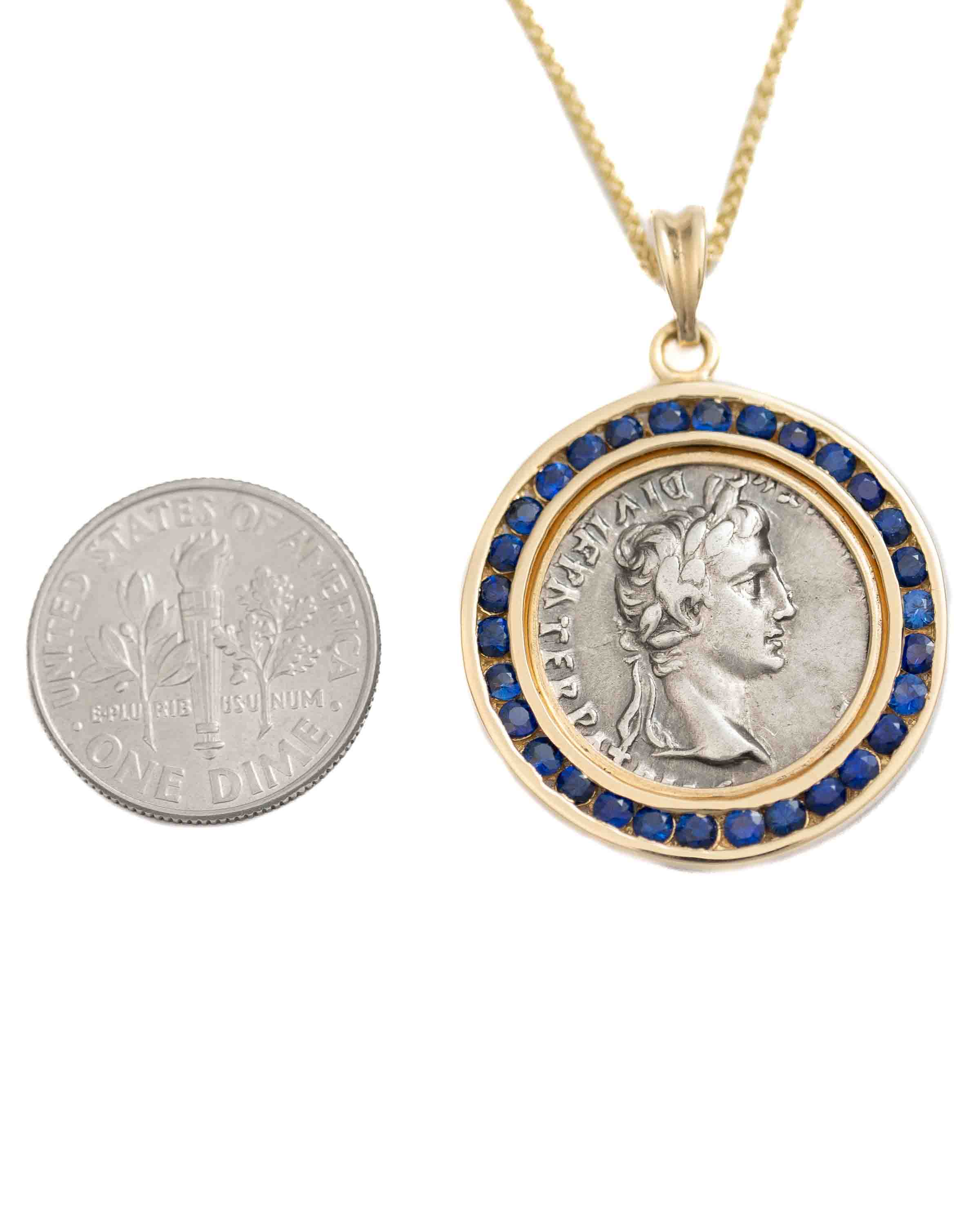 14k Gold & Blue Sapphire Genuine Ancient Roman Coin Necklace (Augustus; 27 B.C.-14 A.D.)