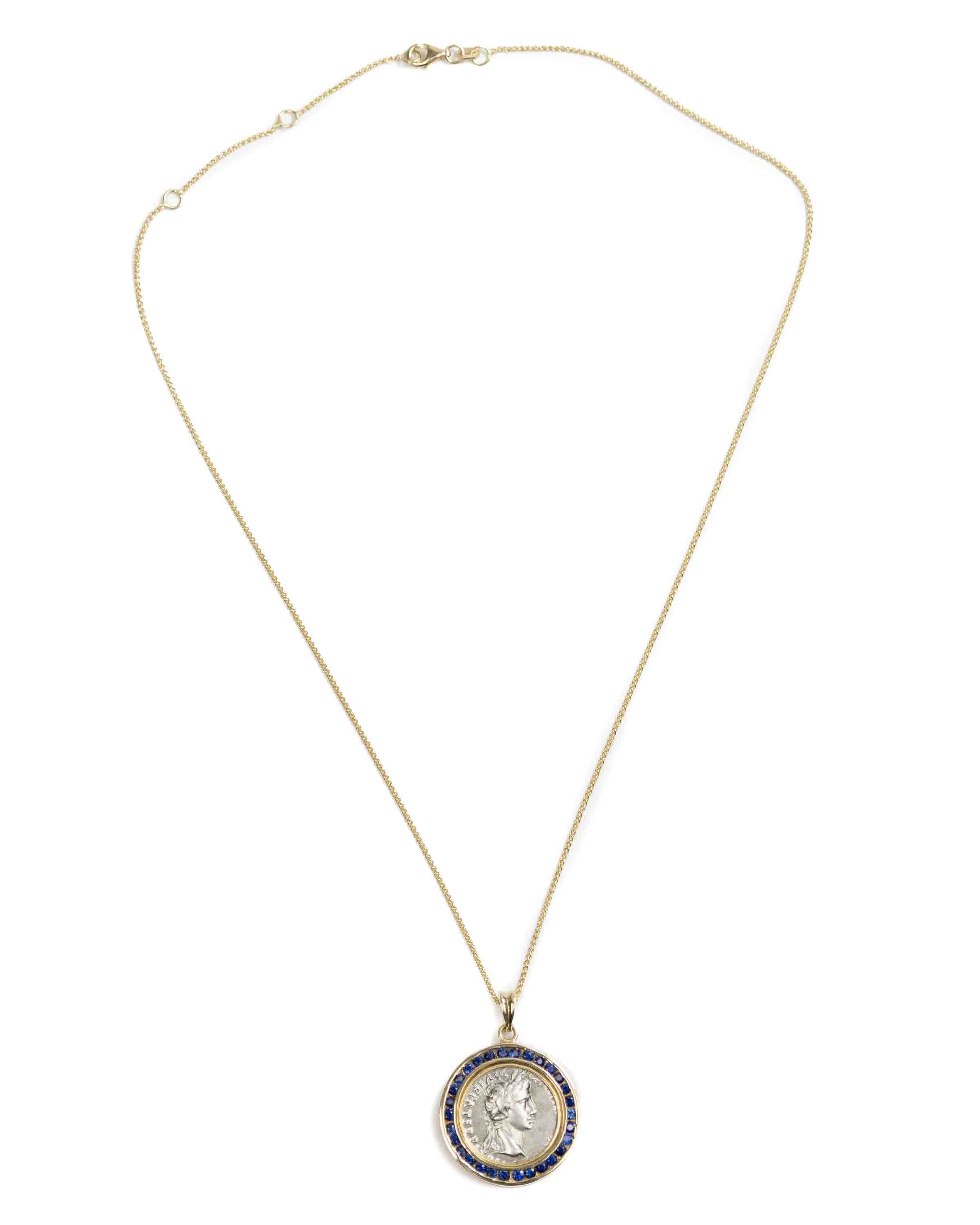 14k Gold & Blue Sapphire Genuine Ancient Roman Coin Necklace (Augustus; 27 B.C.-14 A.D.)