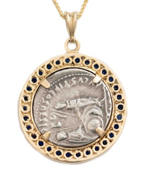 14k Gold & Blue Sapphire Genuine Ancient Roman Coin Necklace (Augustus; 27 B.C.-14 A.D.)
