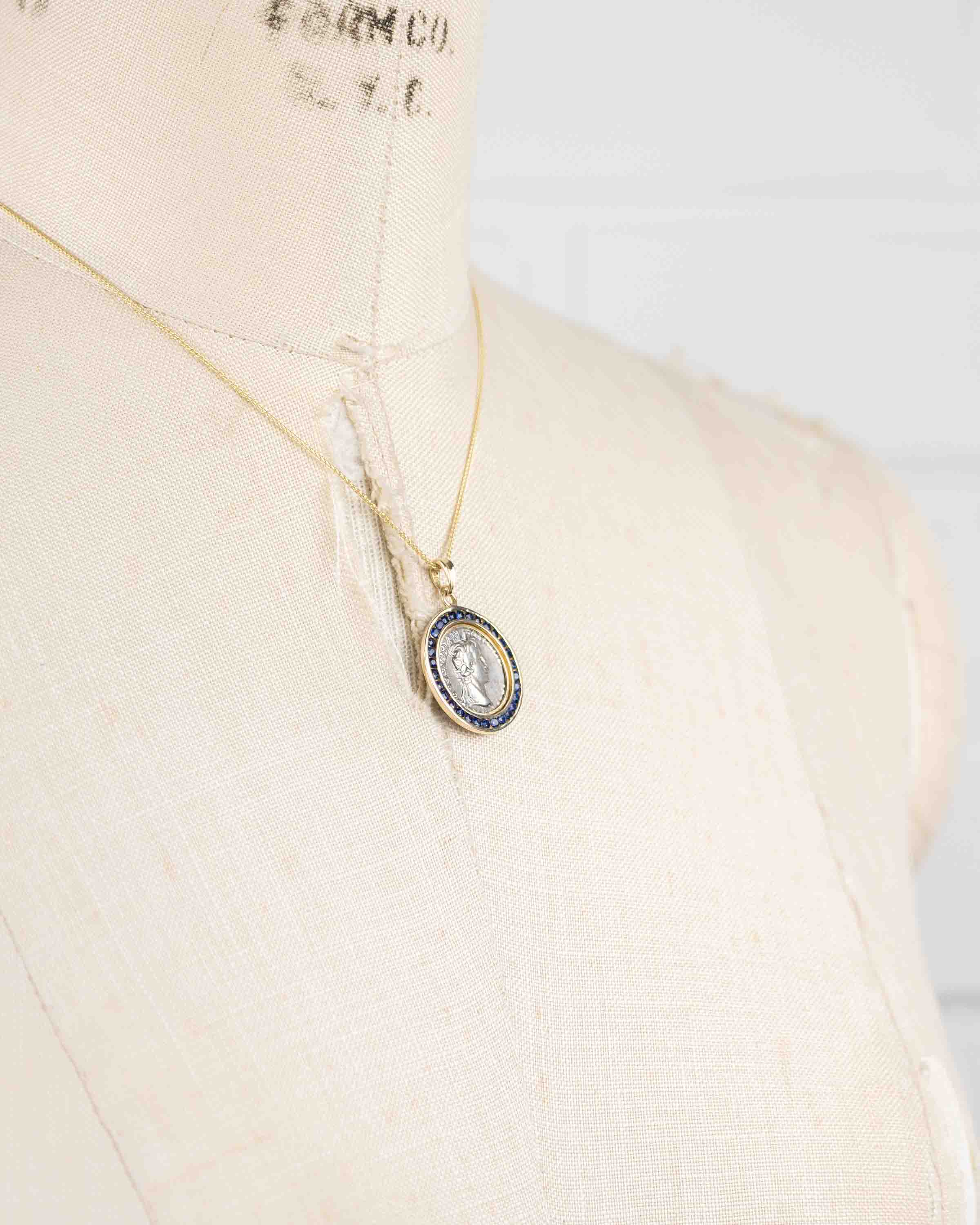 14k Gold & Blue Sapphire Genuine Ancient Roman Coin Necklace (Augustus; 27 B.C.-14 A.D.)