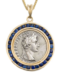 14k Gold & Blue Sapphire Genuine Ancient Roman Coin Necklace (Augustus; 27 B.C.-14 A.D.)