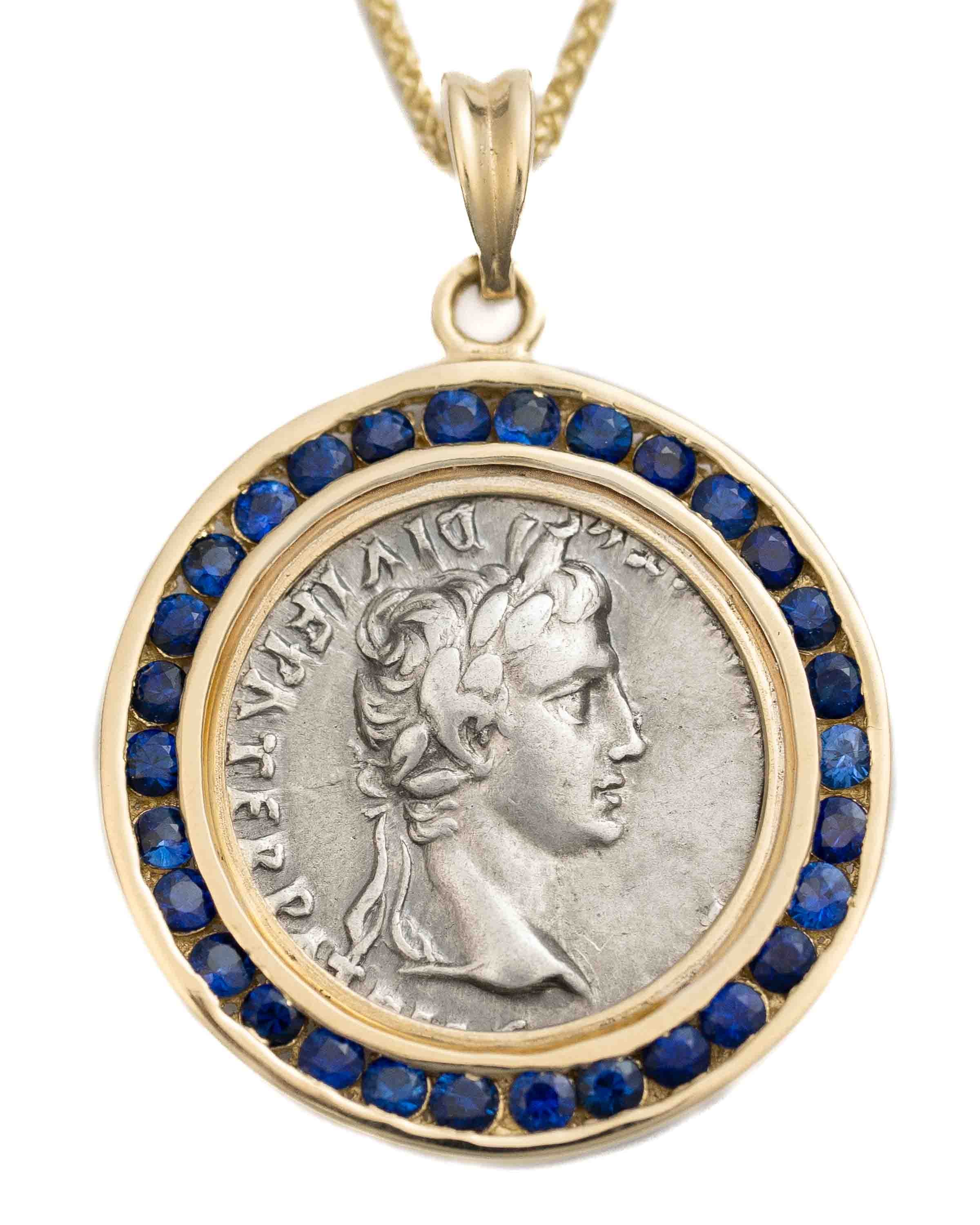 14k Gold & Blue Sapphire Genuine Ancient Roman Coin Necklace (Augustus; 27 B.C.-14 A.D.)