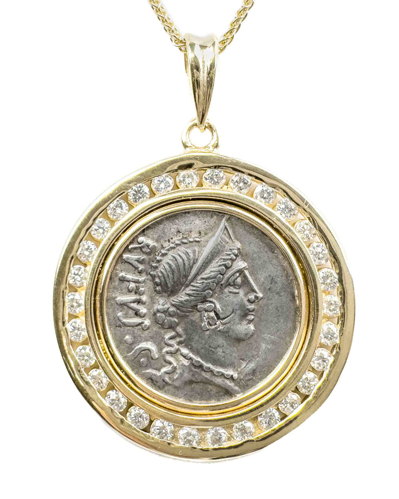 14k Gold & Diamond Genuine Ancient Roman Coin Necklace (Venus; 46 B.C.)
