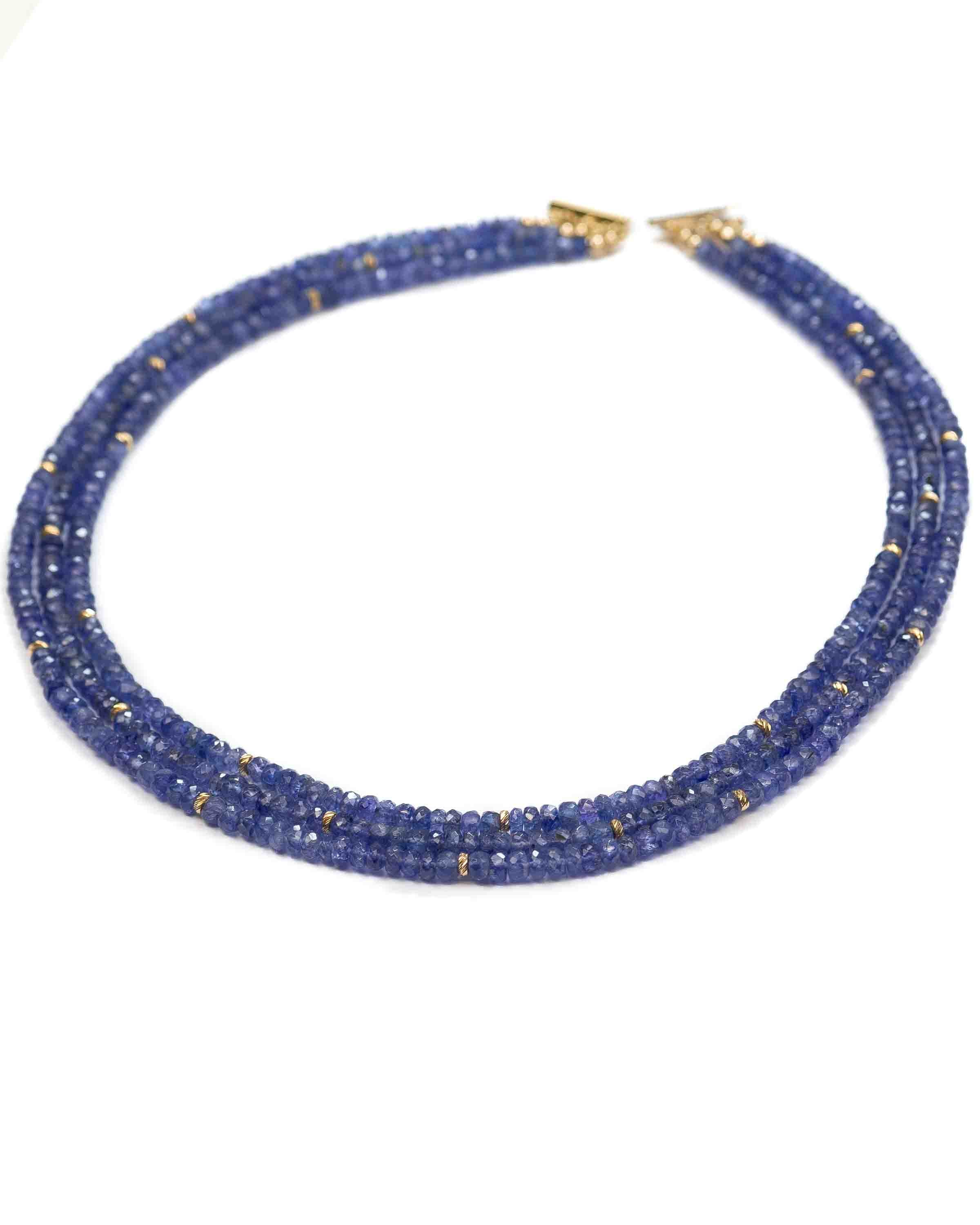 14k Gold Faceted Natural Tanzanite Triple Strand Statement Necklace