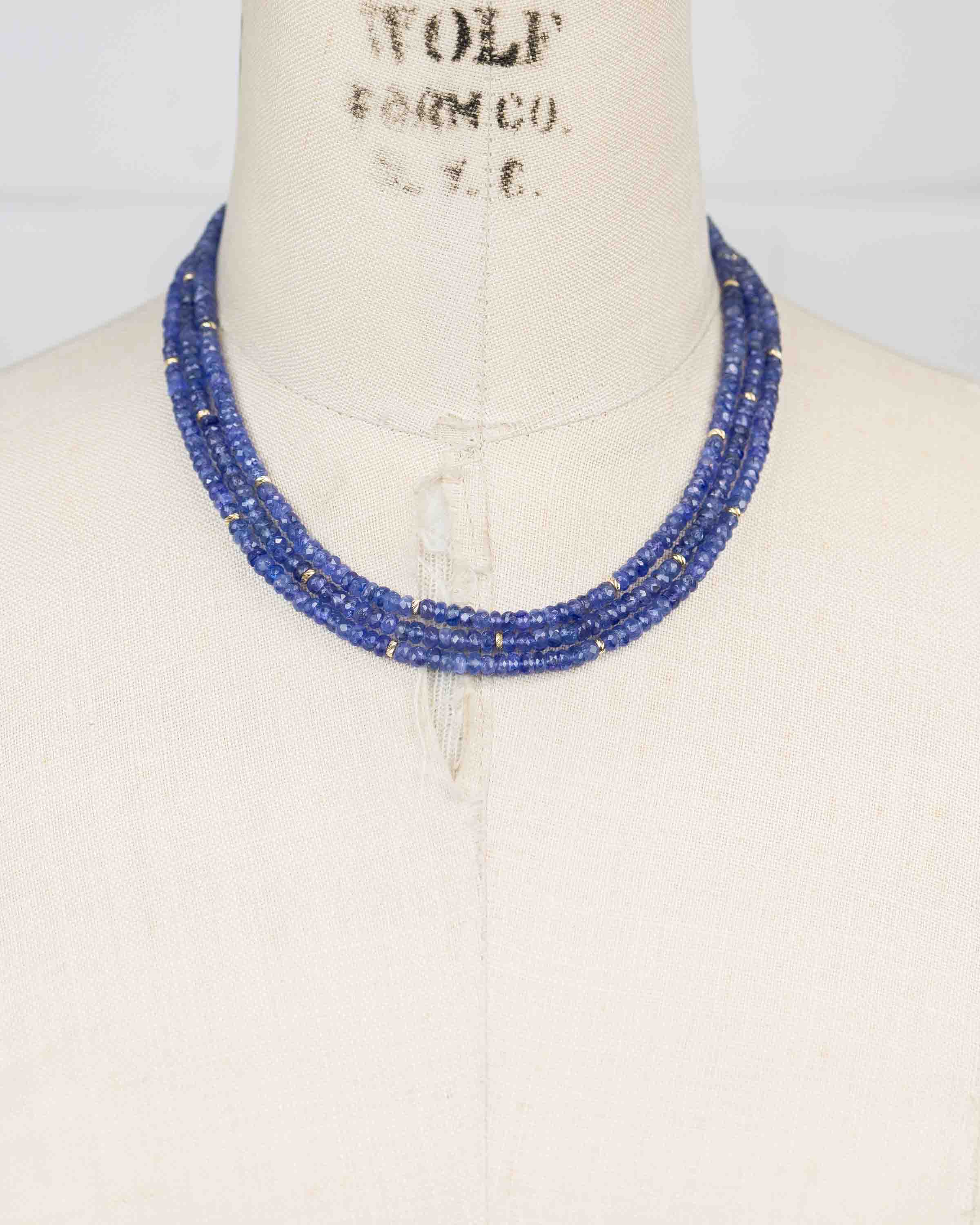 14k Gold Faceted Natural Tanzanite Triple Strand Statement Necklace