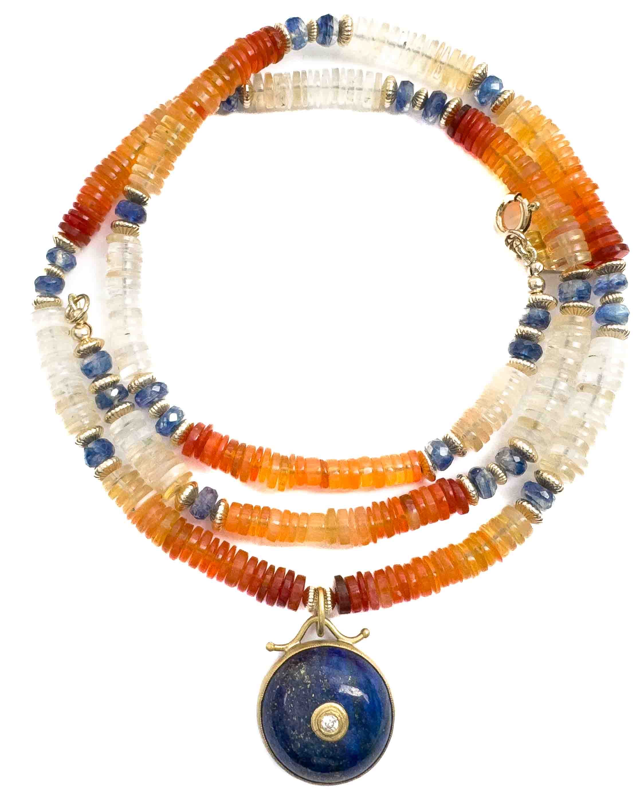 Diamond & Lapis Lazuli Pendant on Mexican Fire Opal & Kyanite Necklace