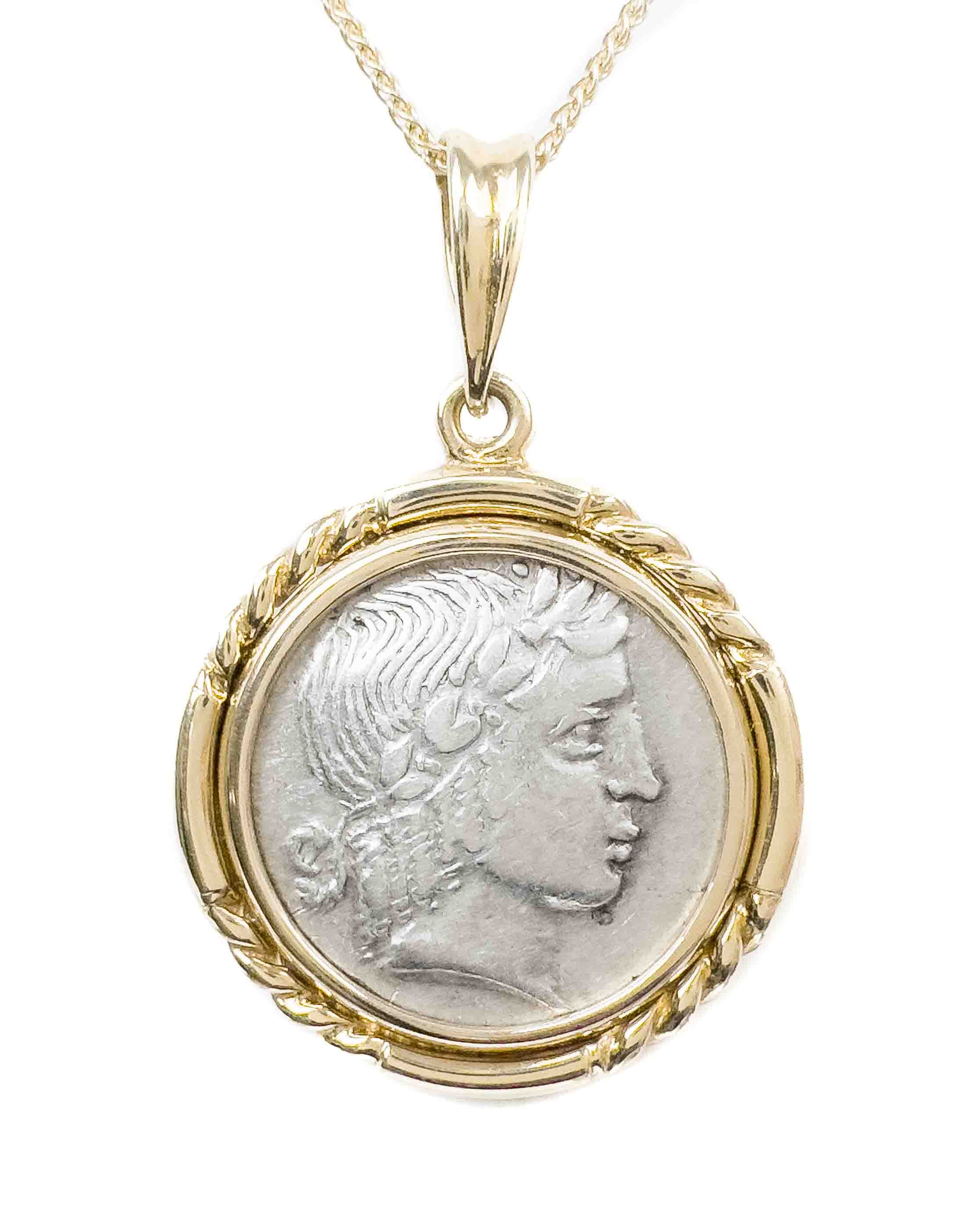 Ancient Greek coin in a 14k Gold Pendant - Bust of Dionysos