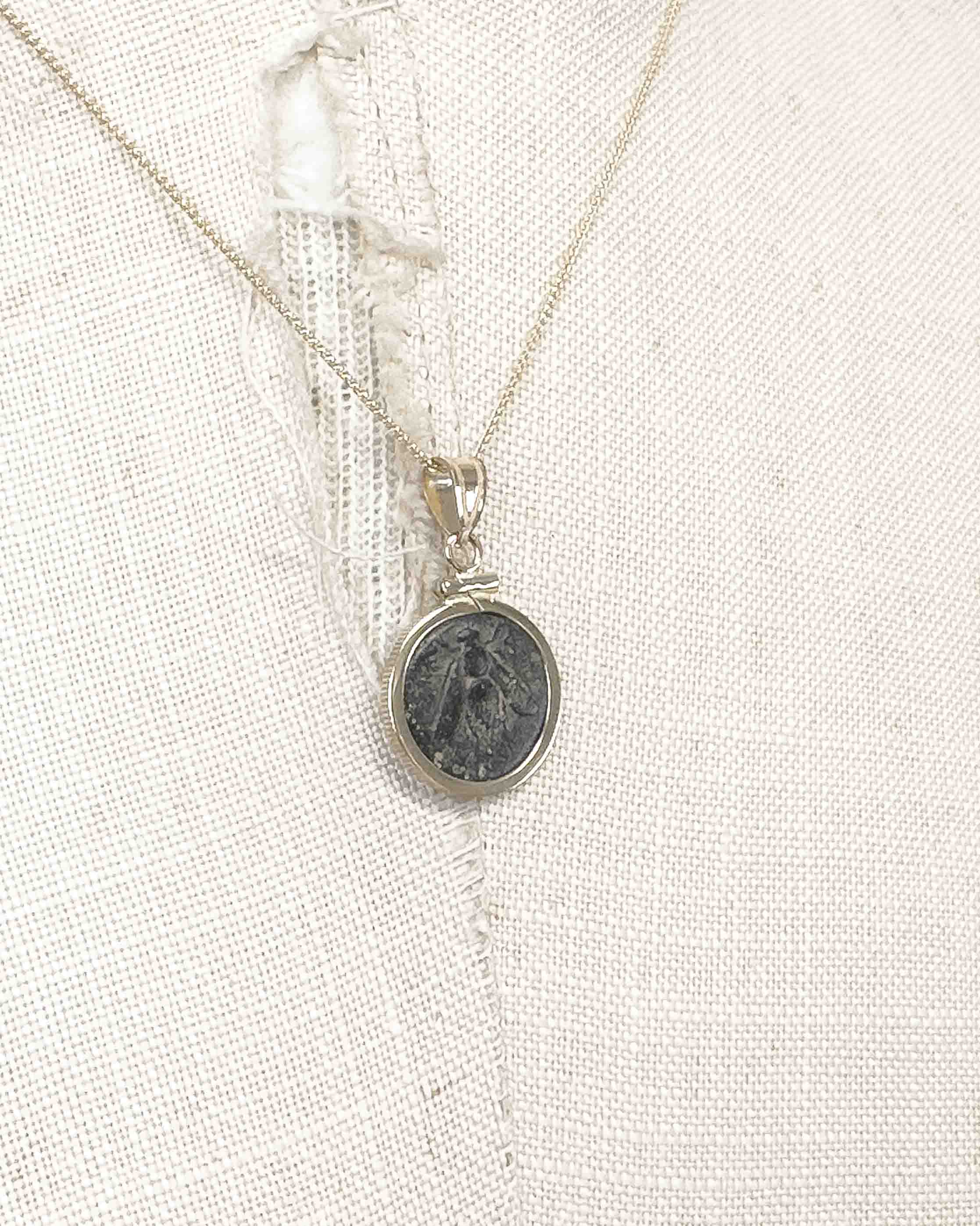 14k Gold Genuine Ancient Greek Coin Necklace (Artemis Bee; 390-300 B.C.)