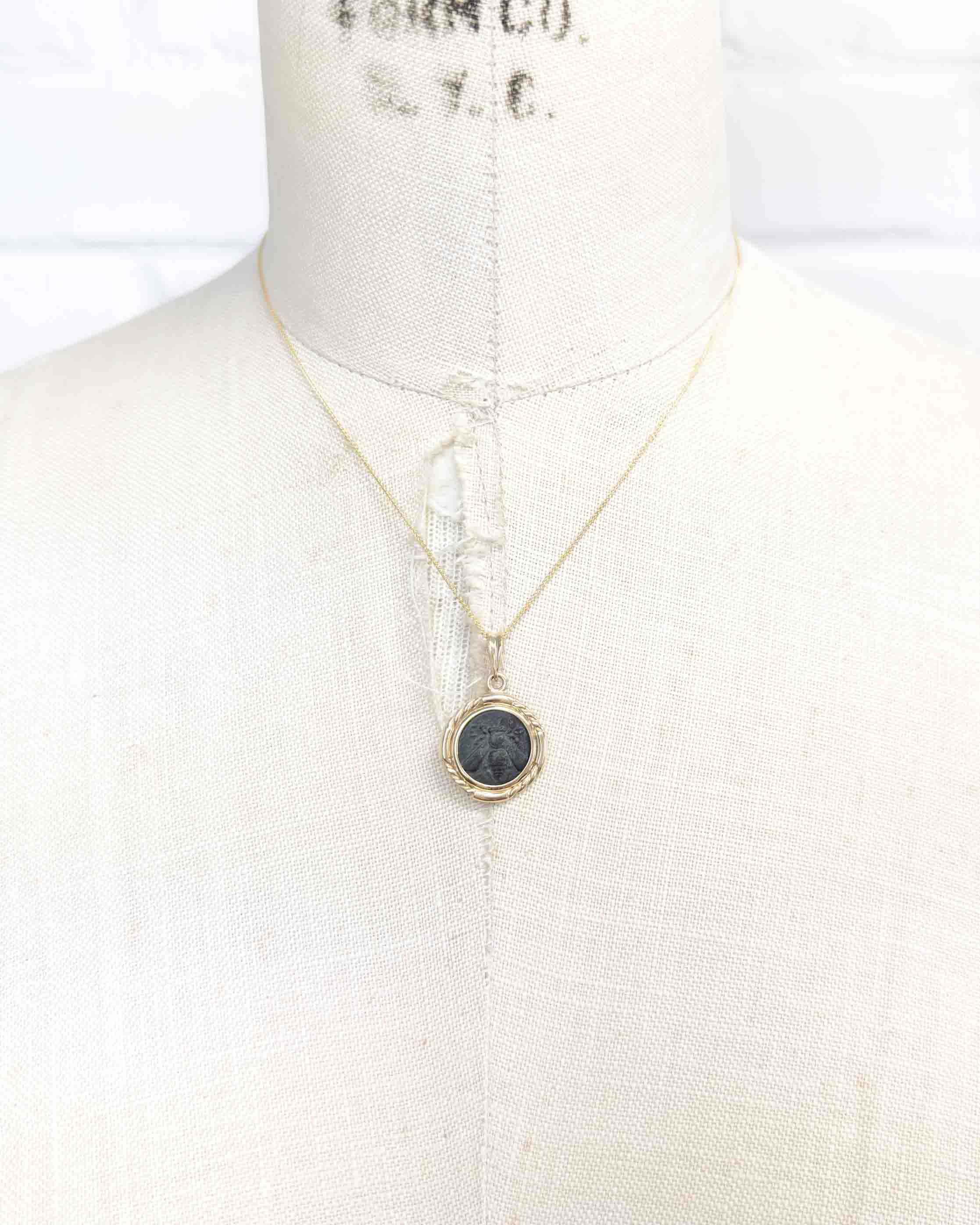 14k Gold Genuine Ancient Greek Coin Necklace (Artemis Bee; 390-300 B.C.)