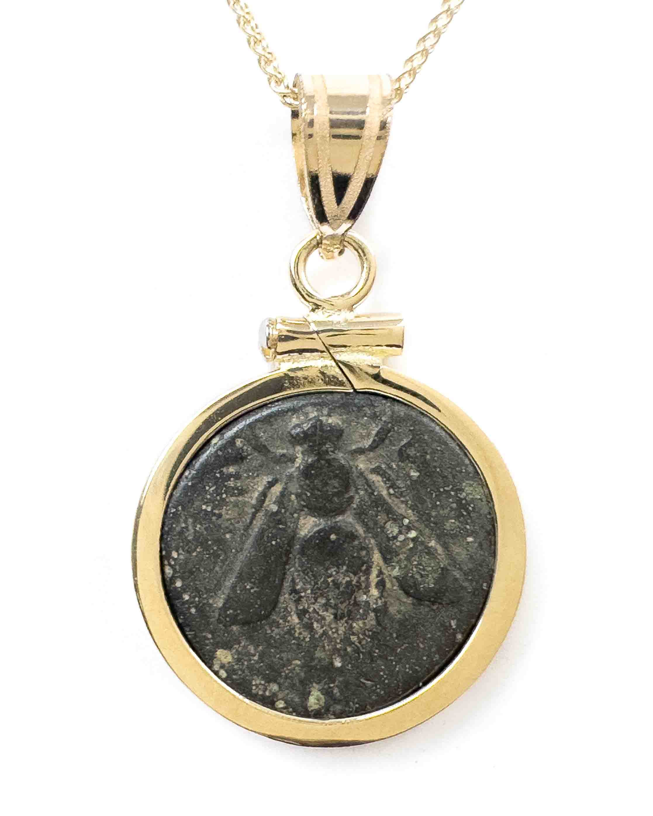 14k Gold Genuine Ancient Greek Coin Necklace (Artemis Bee; 390-300 B.C.)