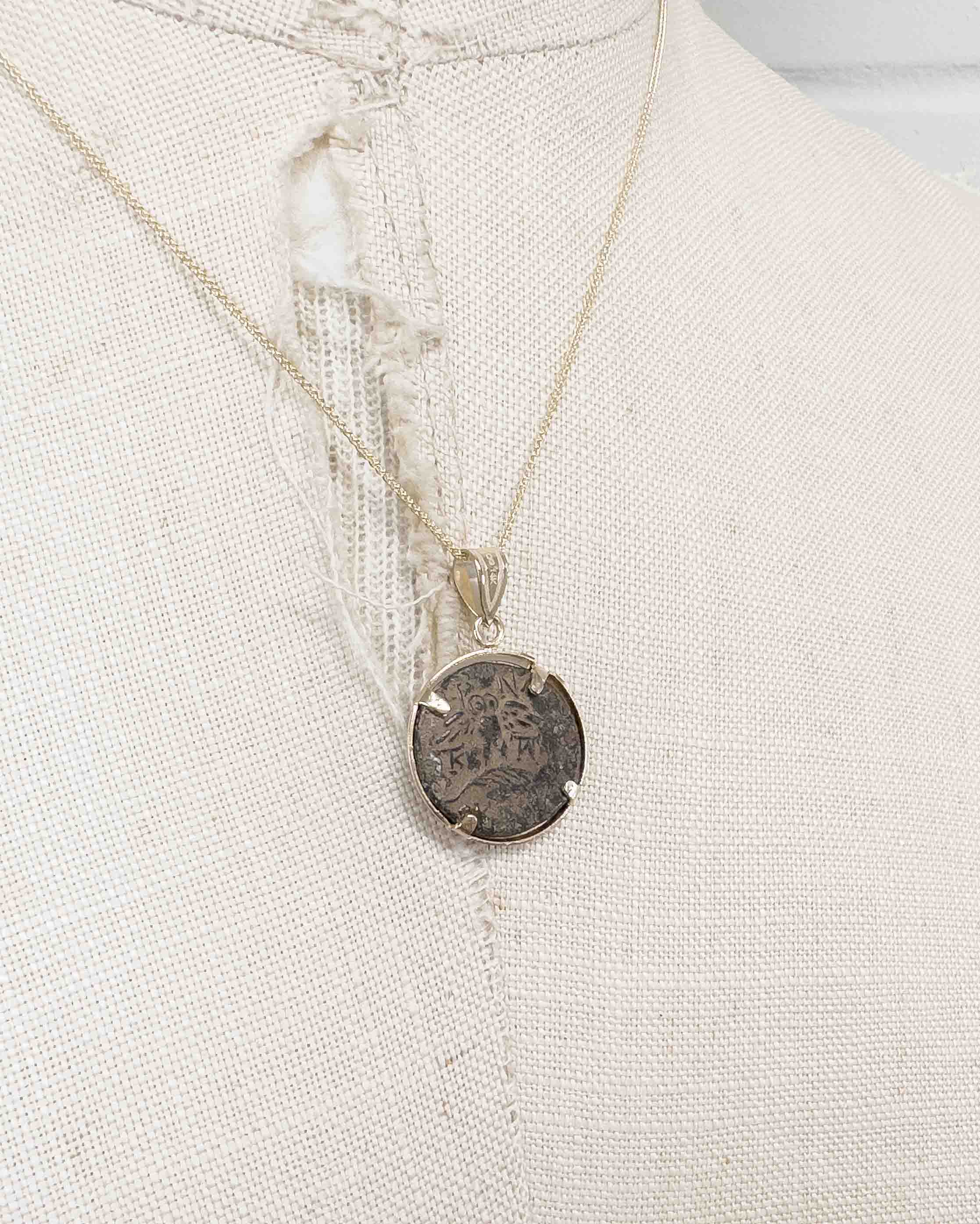14k Gold Genuine Ancient Greek Coin Necklace (Athena/Owl; 200-133 B.C.)
