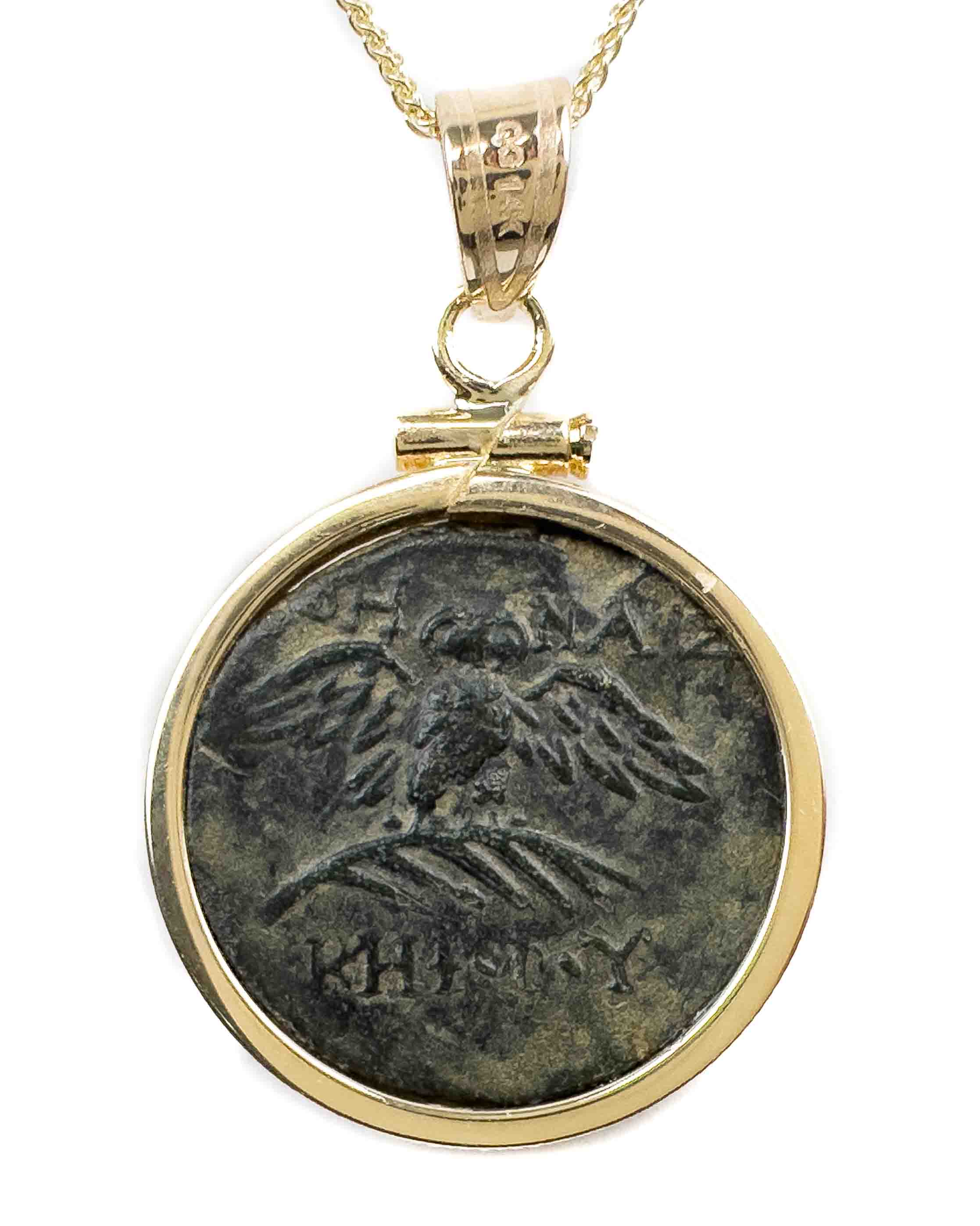 14k Gold Genuine Ancient Greek Coin Necklace (Athena/Owl; 200-133 B.C.)