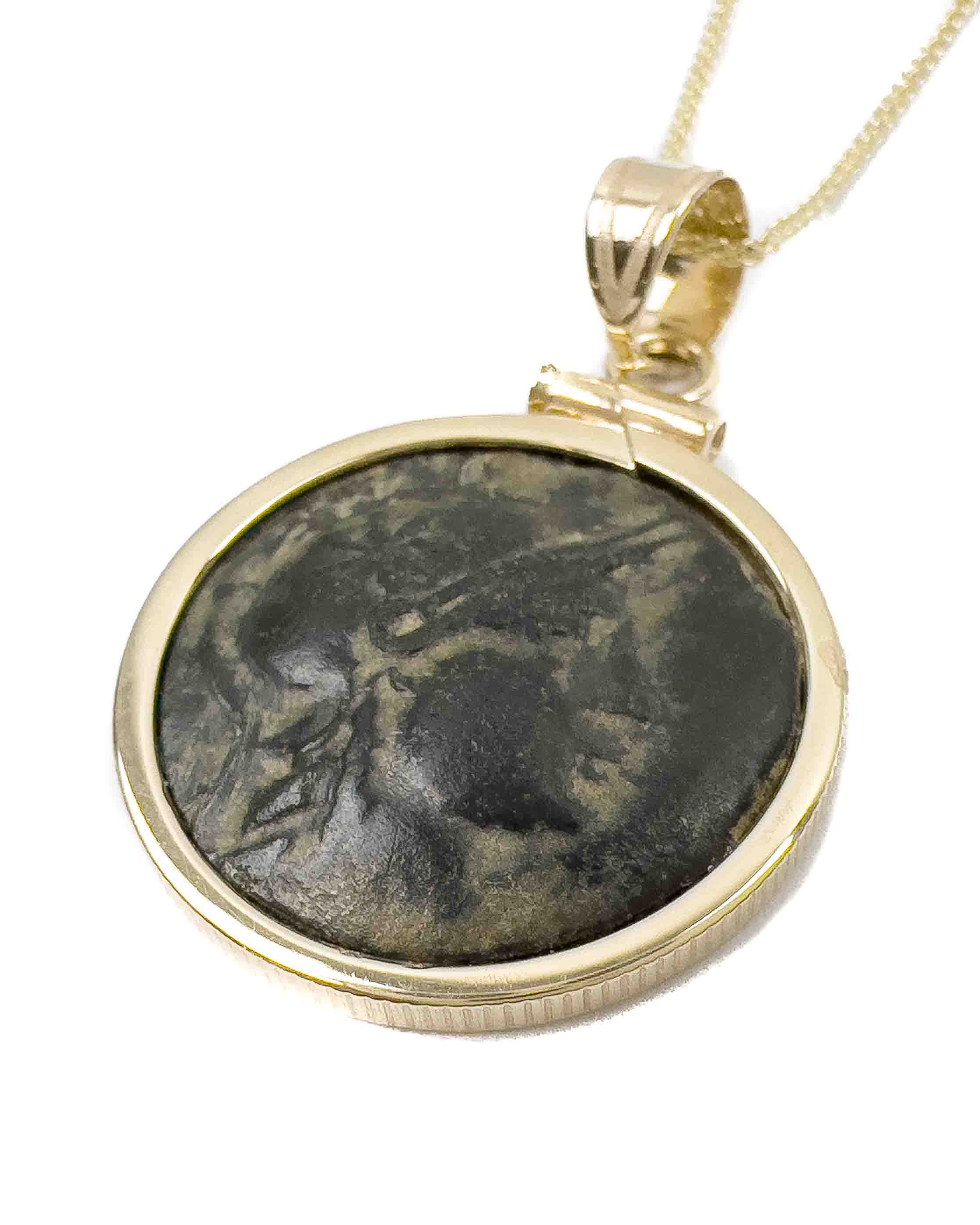 14k Gold Genuine Ancient Greek Coin Necklace (Athena/Owl; 200-133 B.C.)