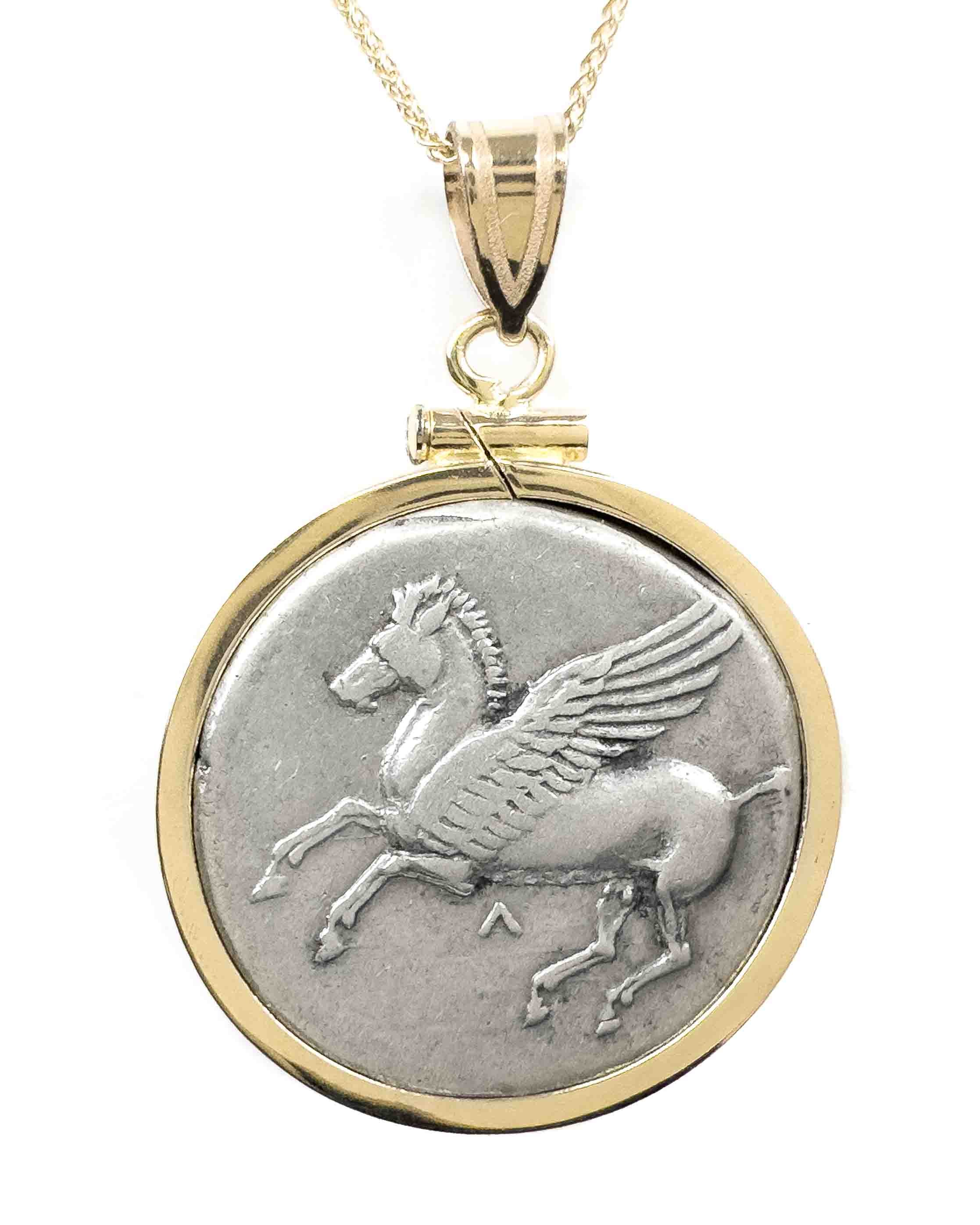 14k Gold Genuine Ancient Greek Coin Necklace (Pegasus/Athena; 320-380 B.C.)