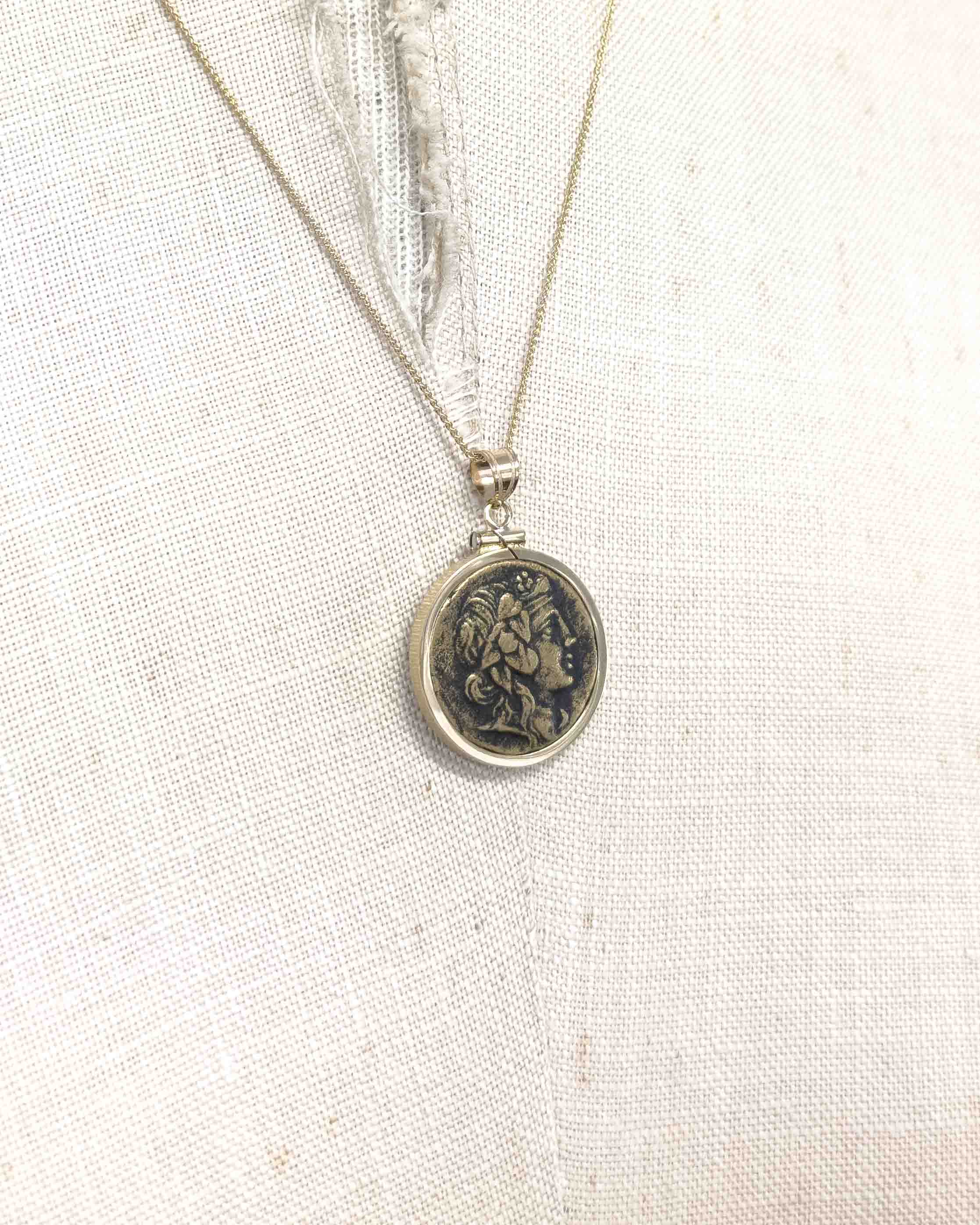 14k Gold Genuine Ancient Greek Coin Necklace (Dionysus; 120-63 B.C.)