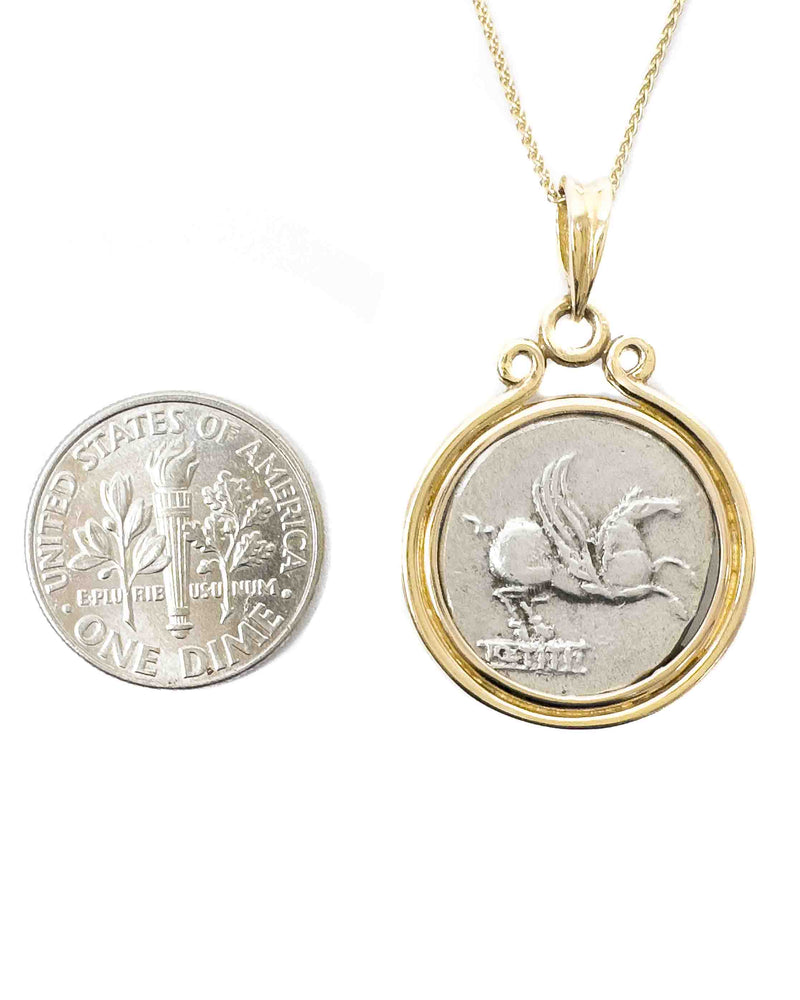 14k Gold Genuine Ancient Roman Coin Necklace (Bacchus/Pegasus; 90 B.C.)