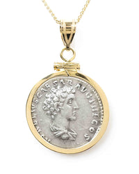 Ancient Roman Marcus Aurelius & Antoninus Pius Denarius Coin Set in a 14k Gold Bezel Setting on a 14k Gold Adjustable Wheat Chain
