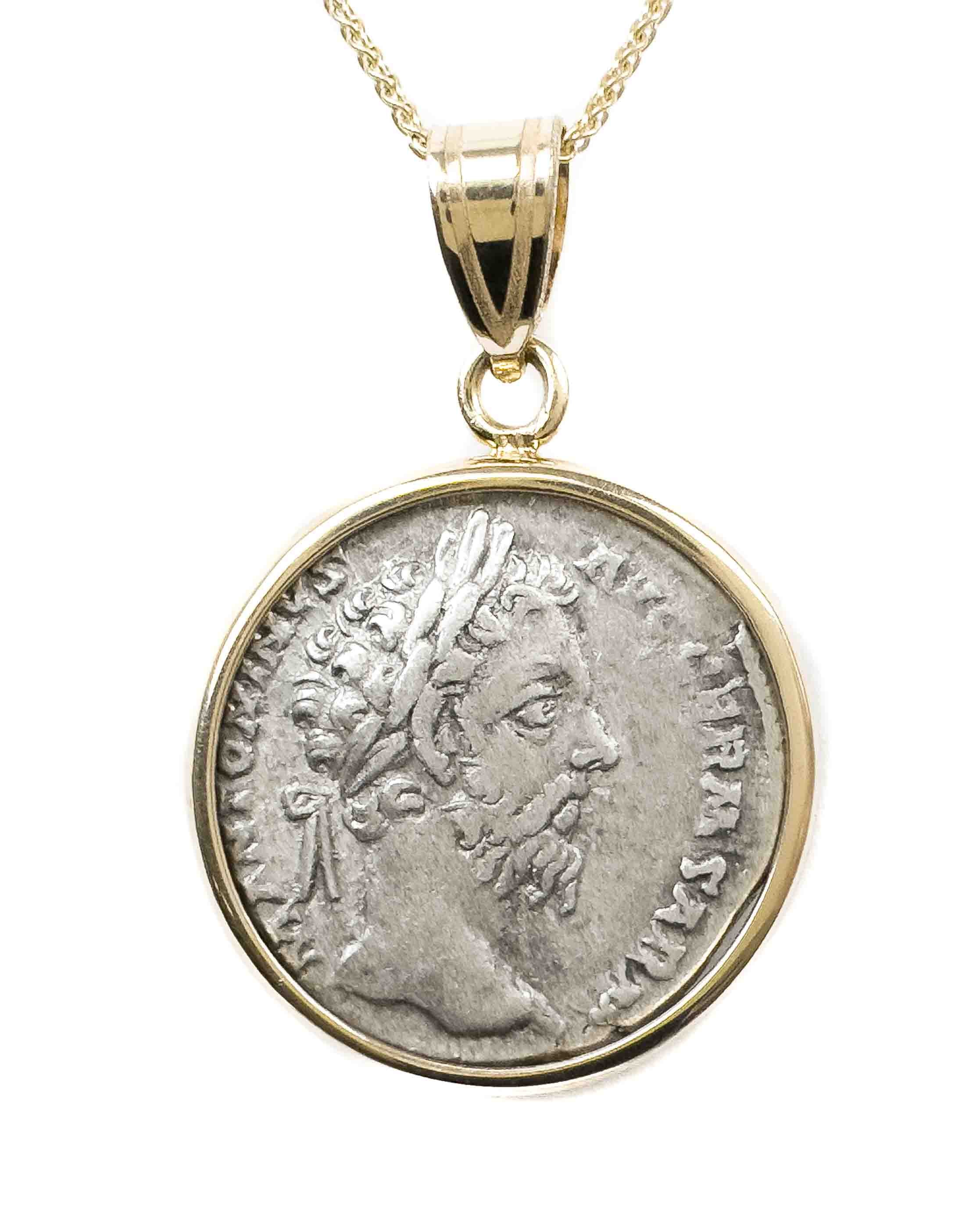 14k Gold Genuine Ancient Roman Coin Necklace (Marcus Aurelius; 175-176 A.D.)