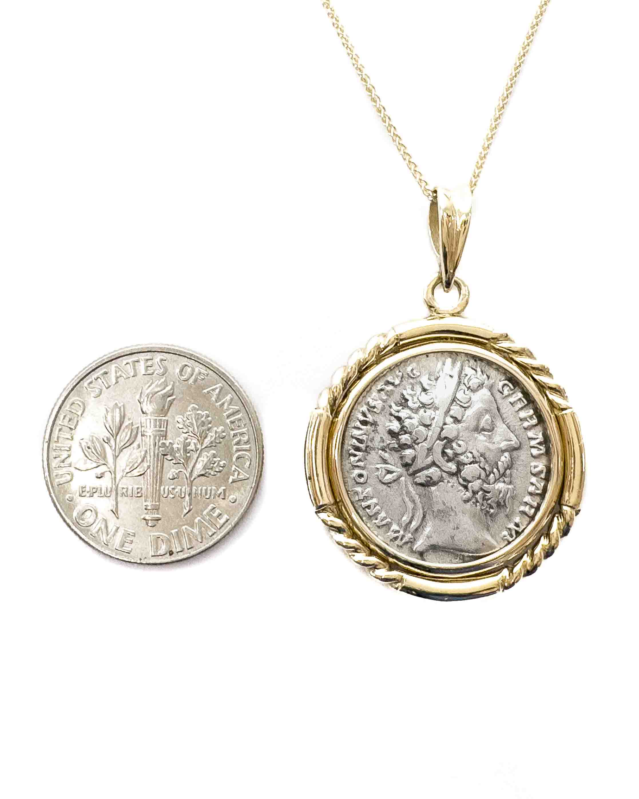 14k Gold Genuine Ancient Roman Coin Necklace (Marcus Aurelius; 161-180 A.D.)