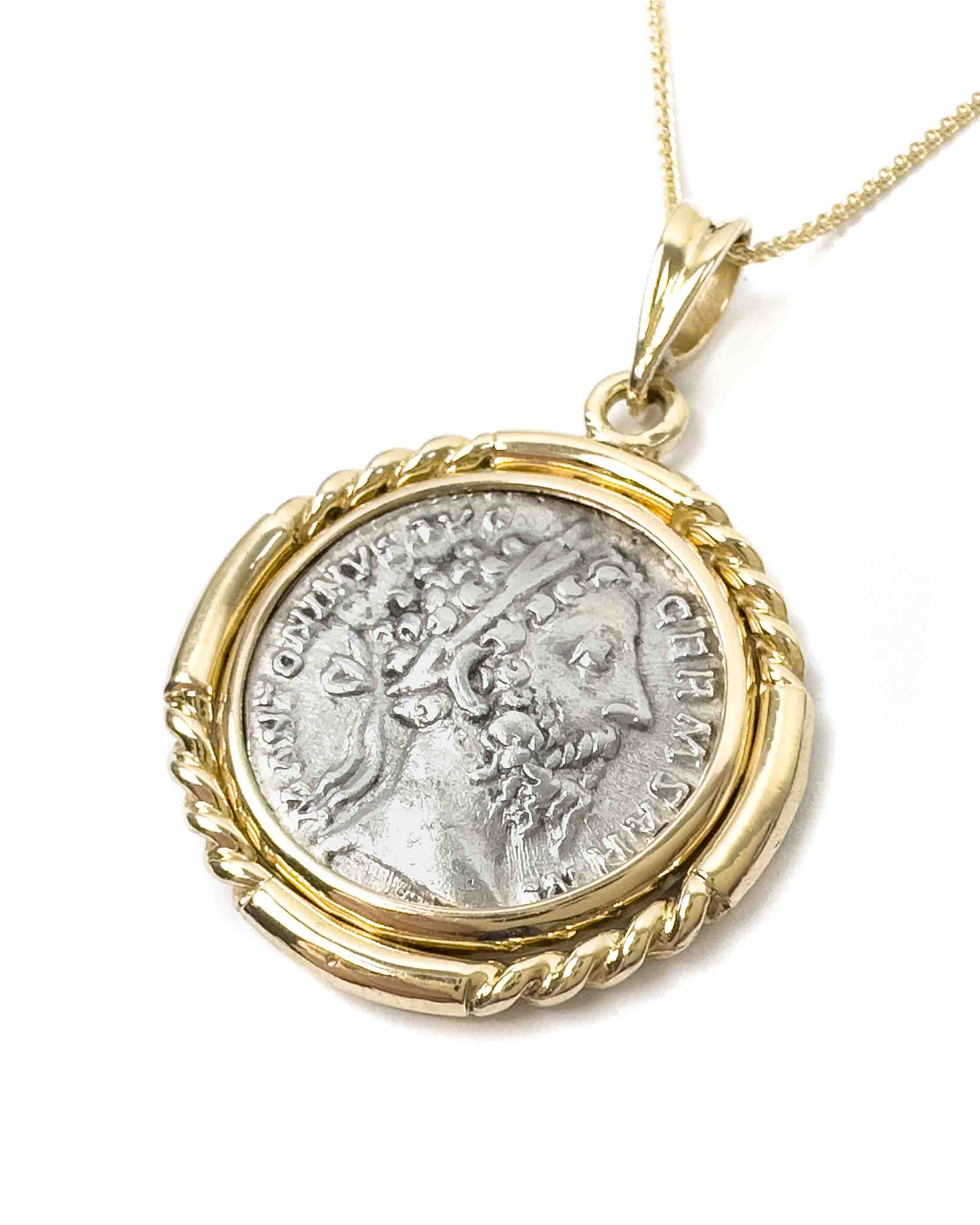 14k Gold Genuine Ancient Roman Coin Necklace (Marcus Aurelius; 161-180 A.D.)