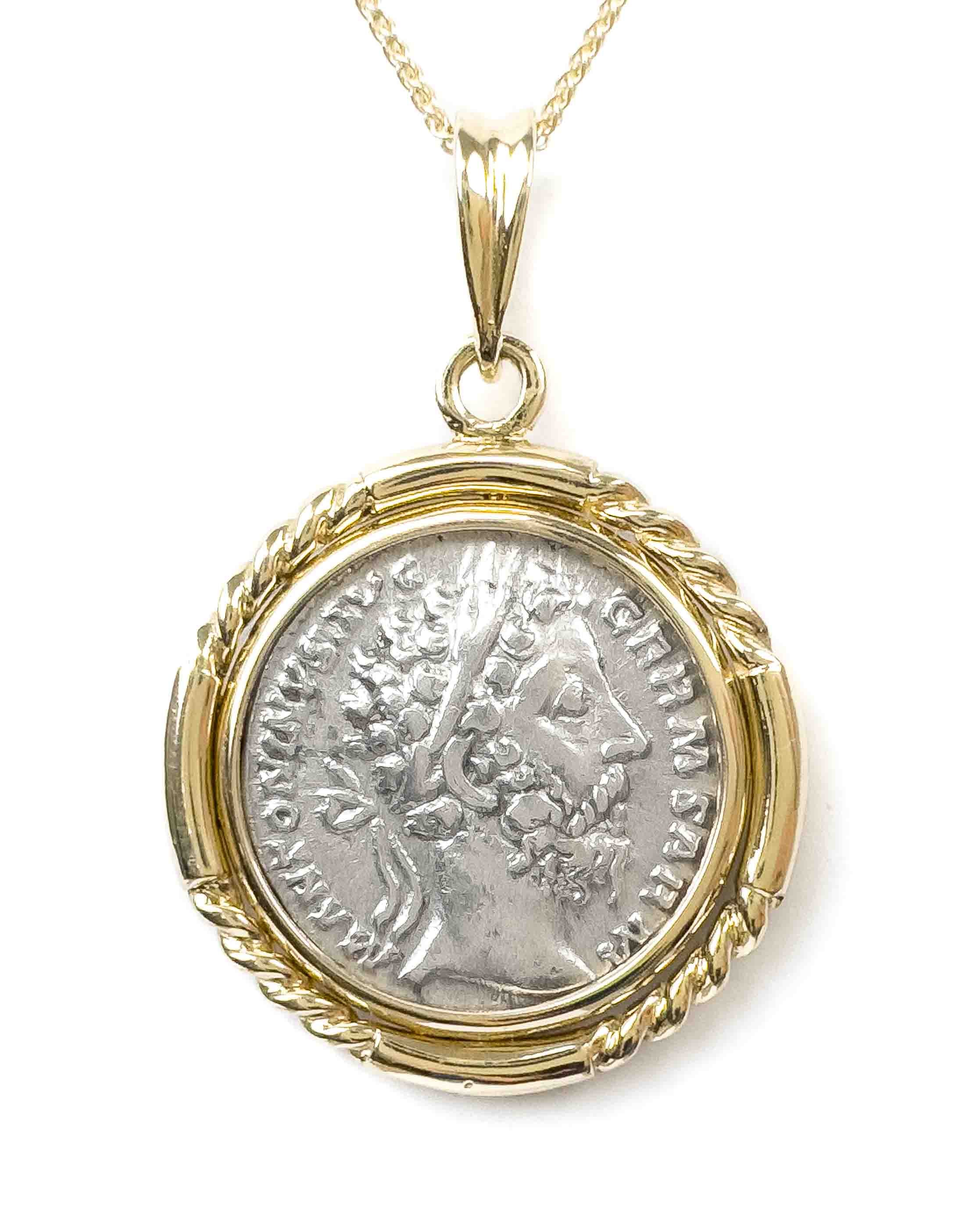 14k Gold Genuine Ancient Roman Coin Necklace (Marcus Aurelius; 161-180 A.D.)