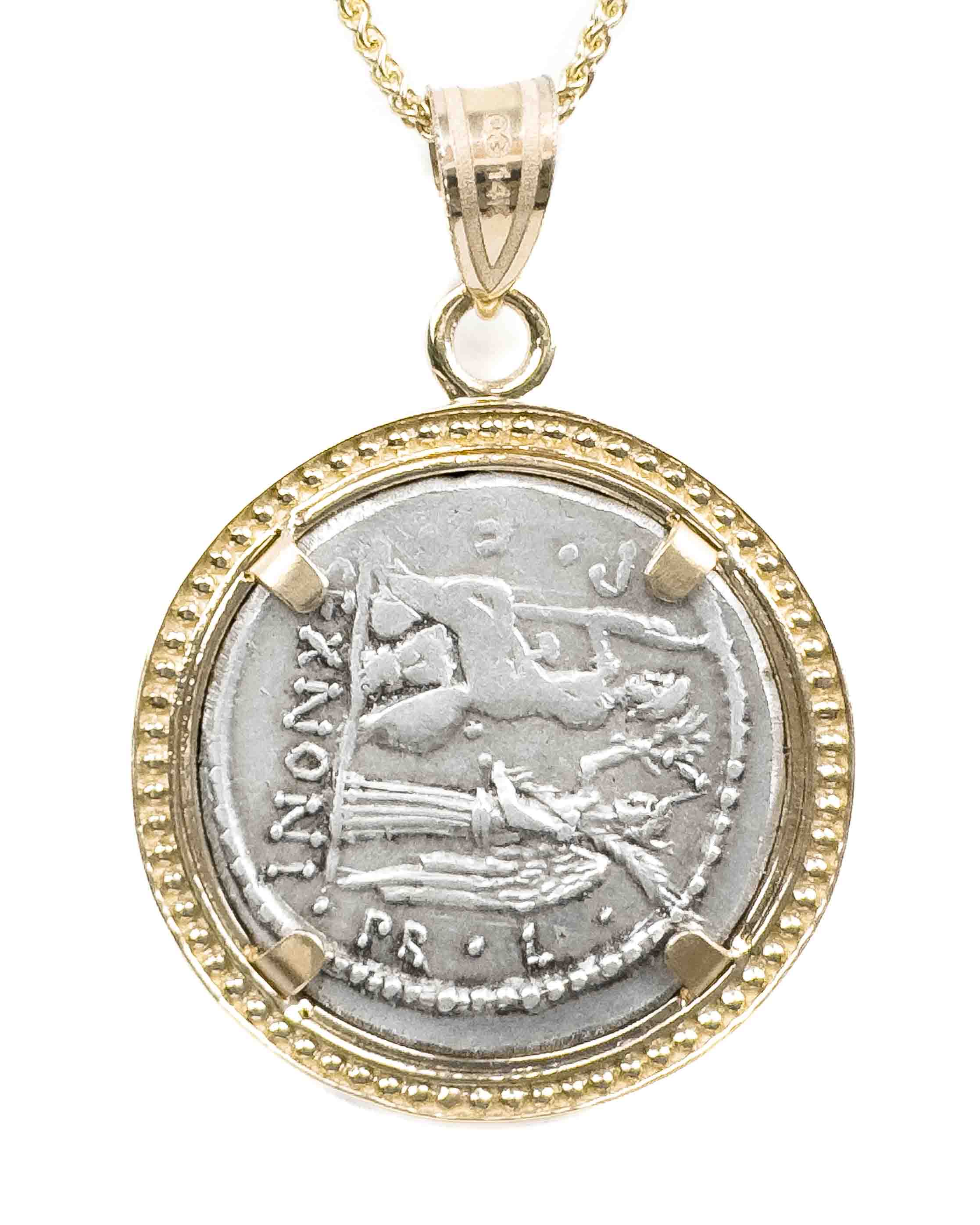 14k Gold Genuine Ancient Roman Coin Necklace (Saturn; 59 B.C.)