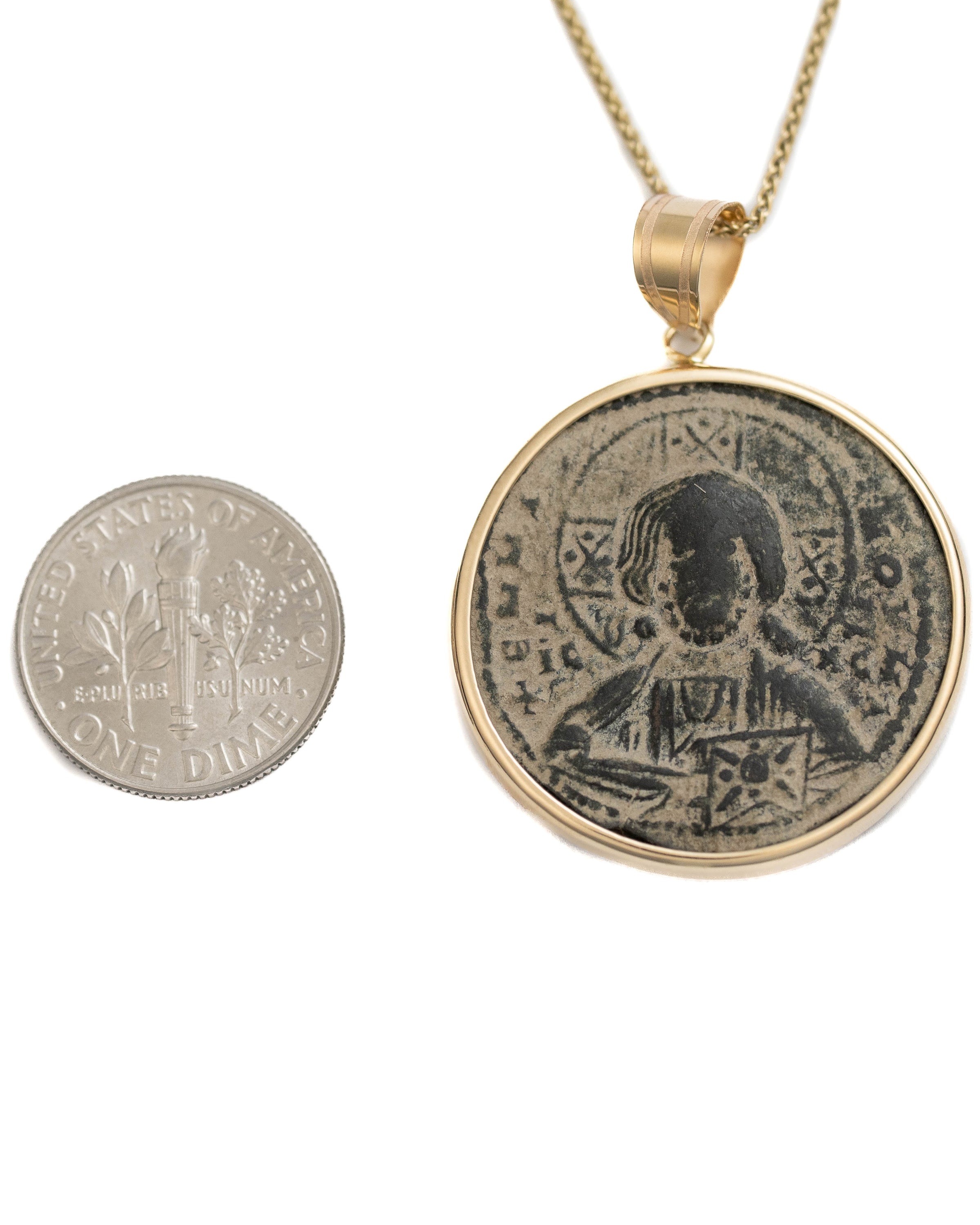 14k Genuine Ancient Byzantine Coin Necklace (Christ, King of Kings; 976-1025 A.D.)