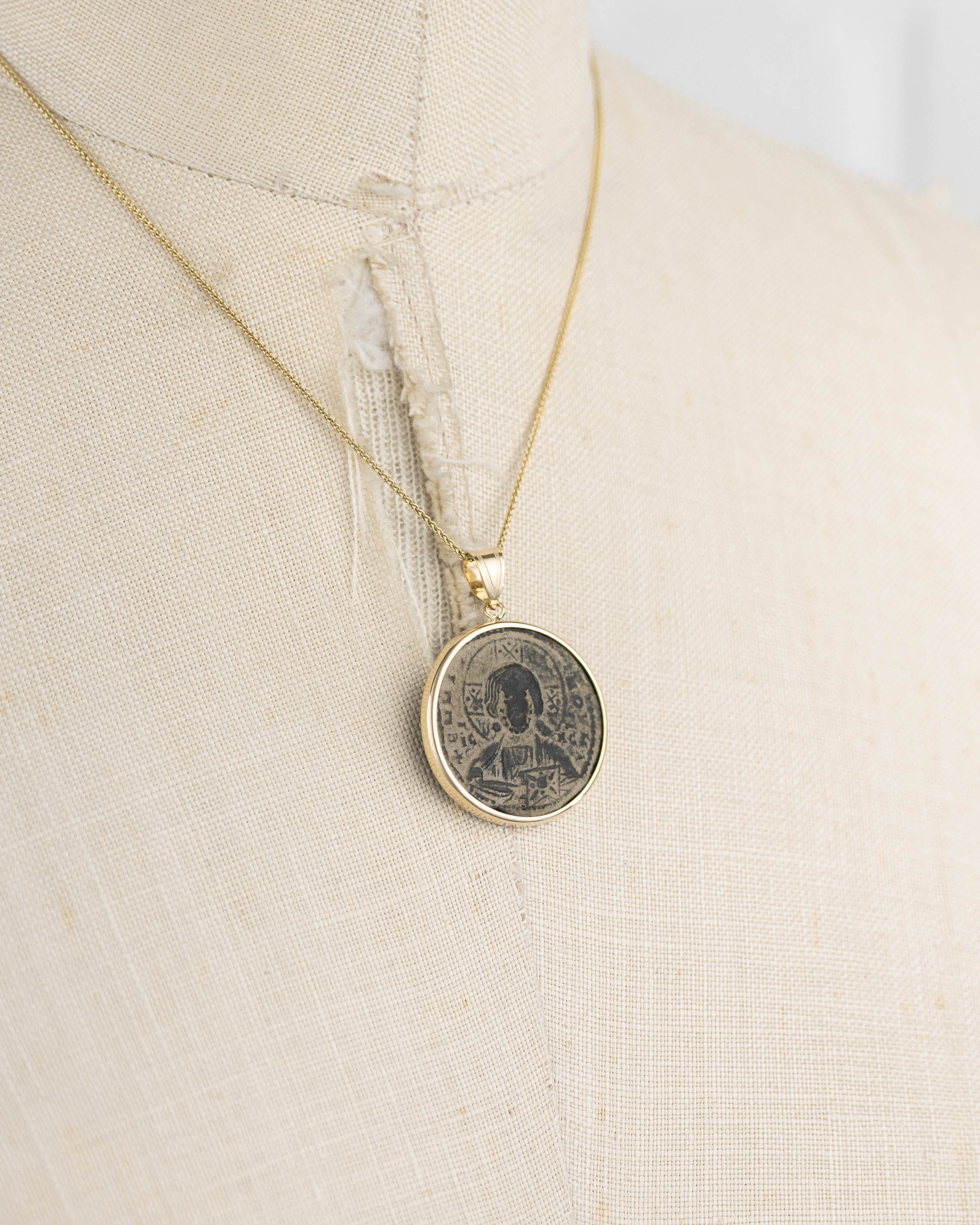 14k Genuine Ancient Byzantine Coin Necklace (Christ, King of Kings; 976-1025 A.D.)