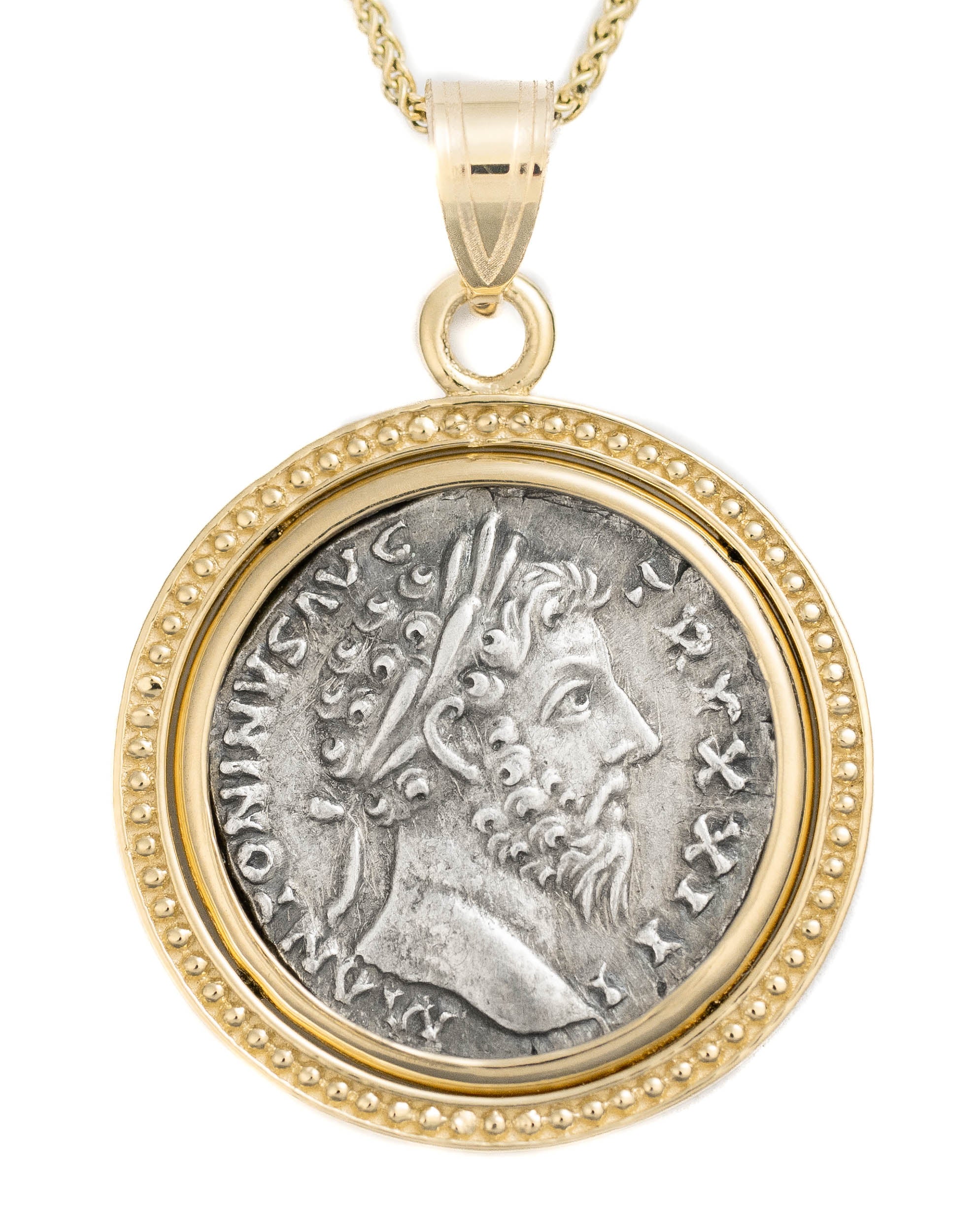 14k Gold Genuine Ancient Roman Coin Necklace (Marcus Aurelius; 161-180 A.D.)