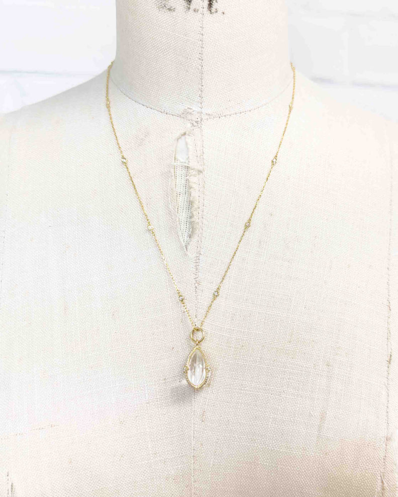 14k Diamond Carved Quartz Teardrop & Diamond by the Yard Chain Necklace