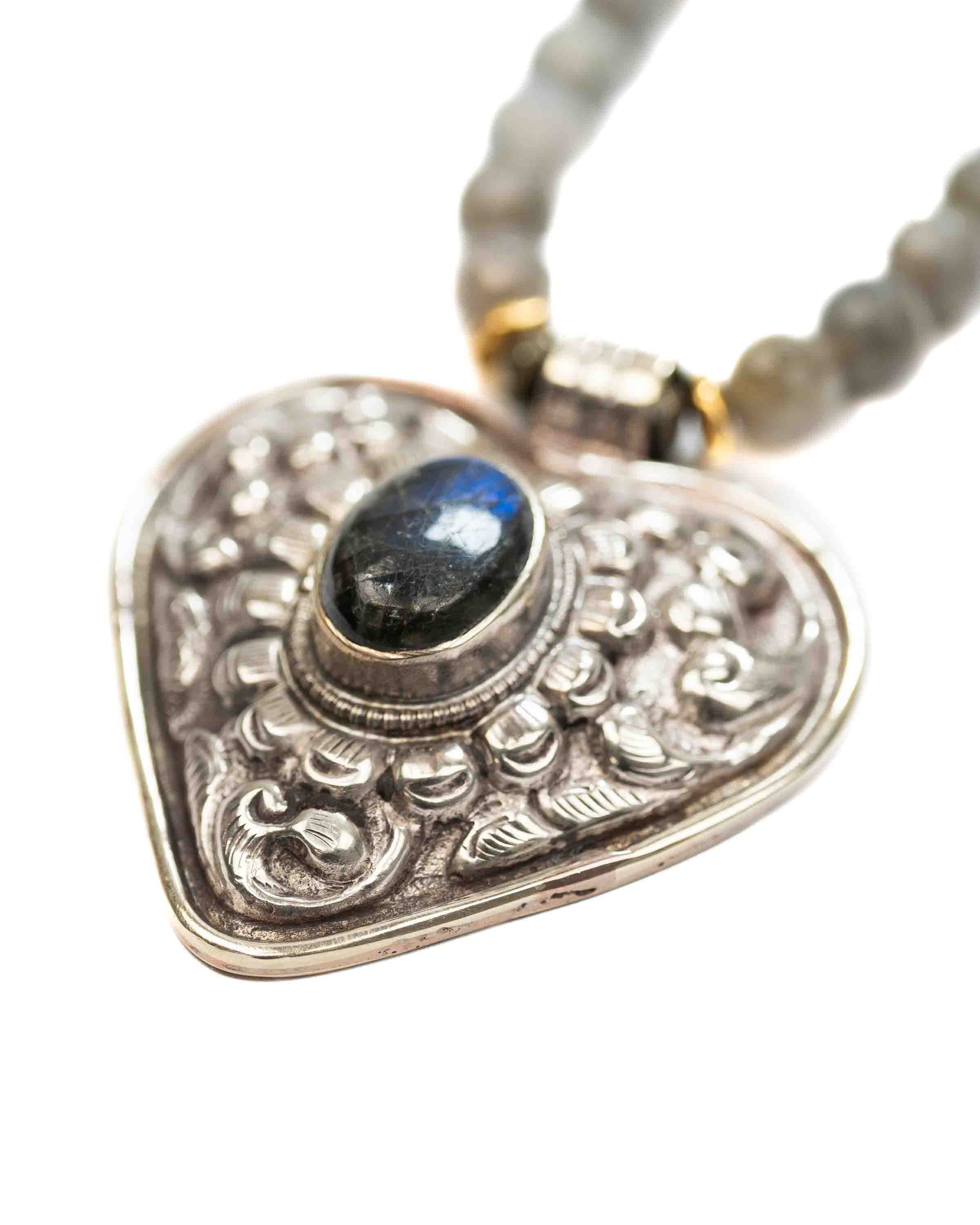 Nepali Repousse Labradorite Heart Pendant  on Labradorite Beaded Necklace