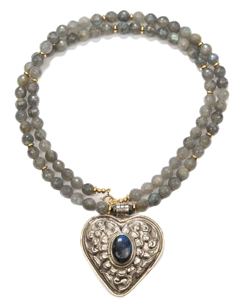 Nepali Repousse Labradorite Heart Pendant  on Labradorite Beaded Necklace