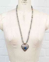 Nepali Repousse Labradorite Heart Pendant  on Labradorite Beaded Necklace