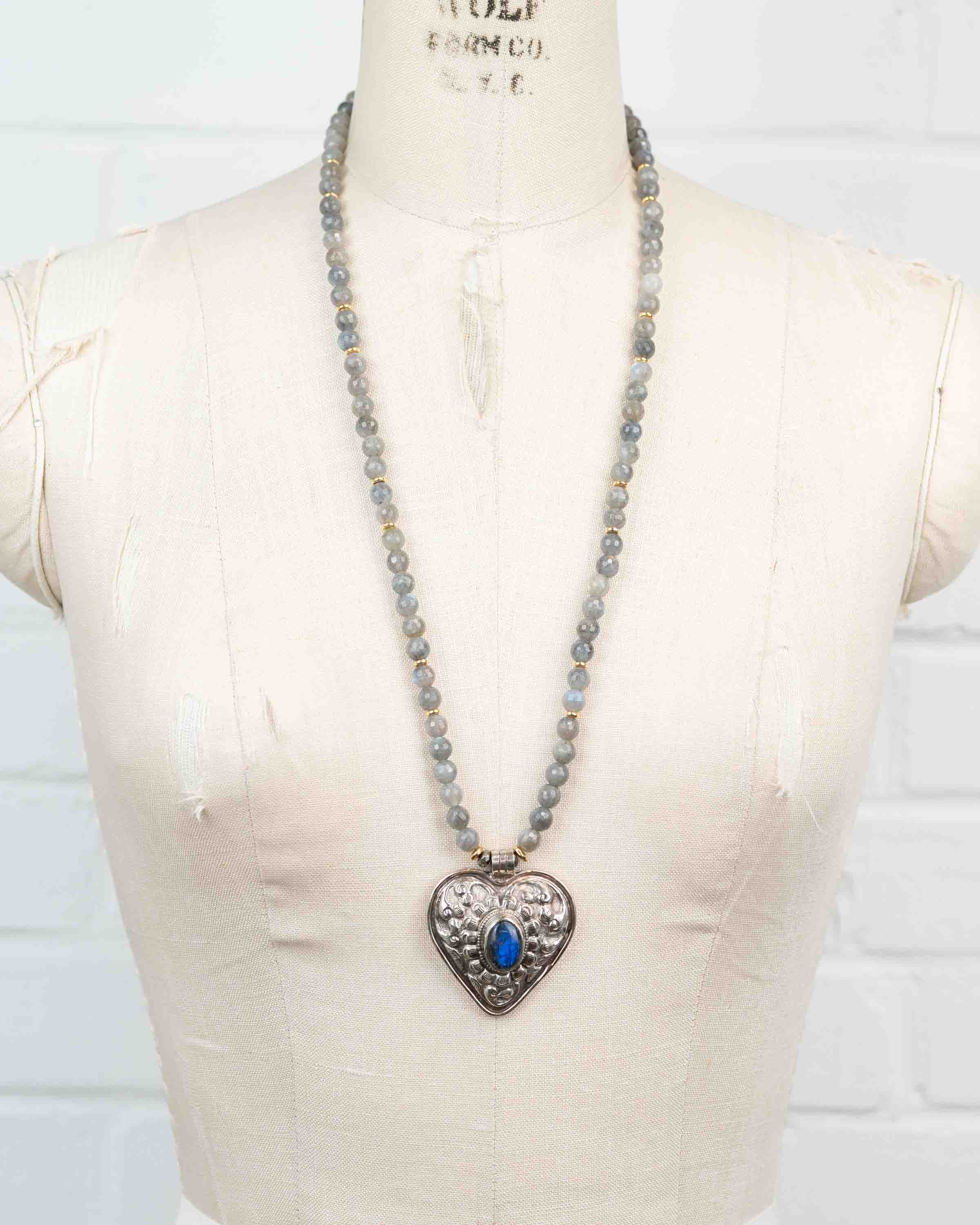 Nepali Repousse Labradorite Heart Pendant  on Labradorite Beaded Necklace