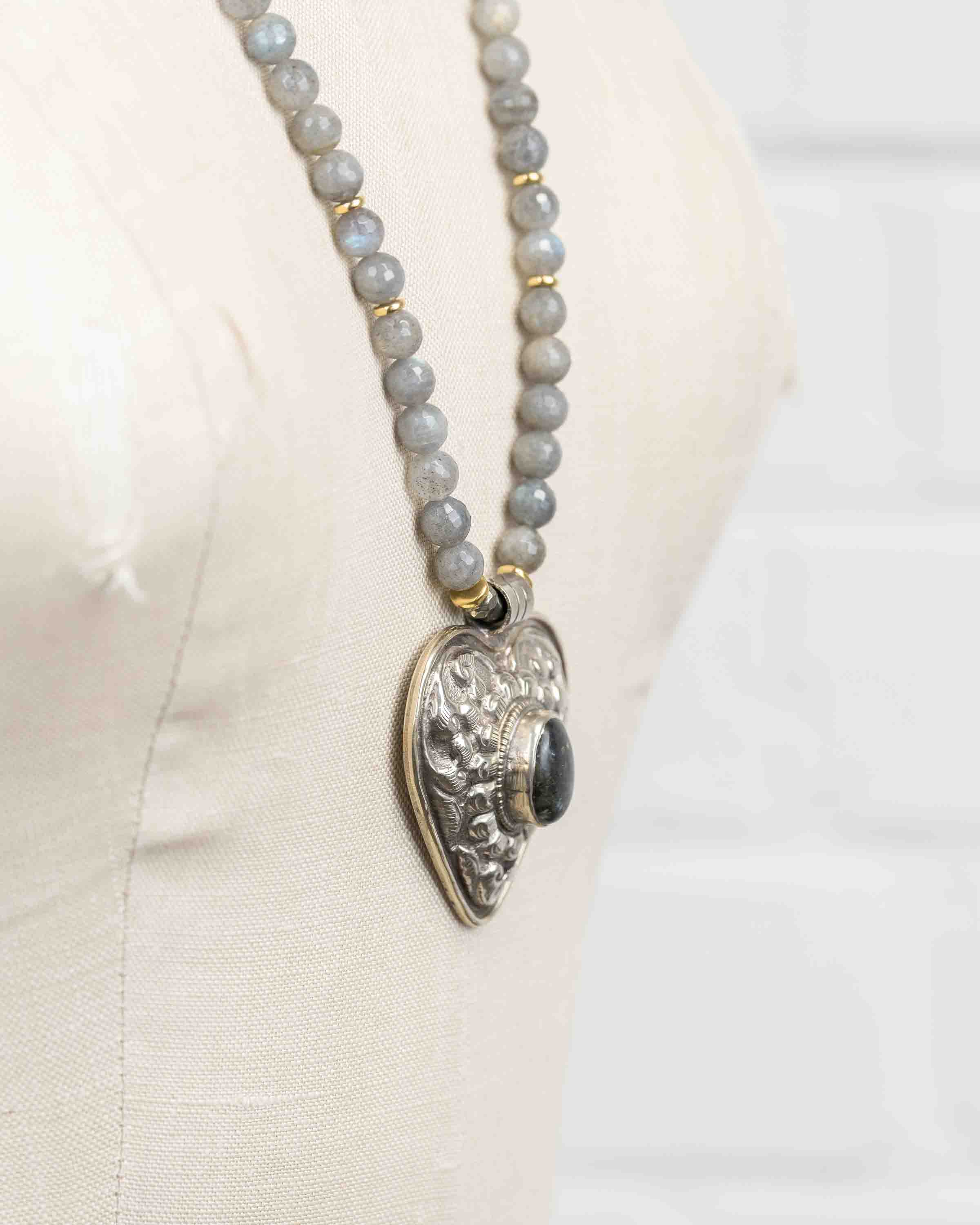 Nepali Repousse Labradorite Heart Pendant  on Labradorite Beaded Necklace