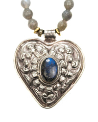 Nepali Repousse Labradorite Heart Pendant  on Labradorite Beaded Necklace