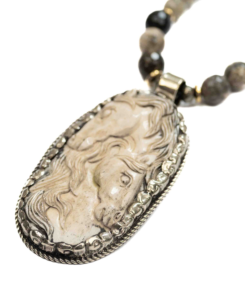 Nepali Repousse Horse Pendant on Dendritic Opal Long Gemstone Necklace