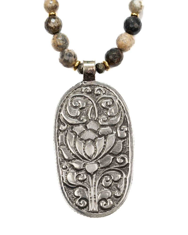 Nepali Repousse Horse Pendant on Dendritic Opal Long Gemstone Necklace