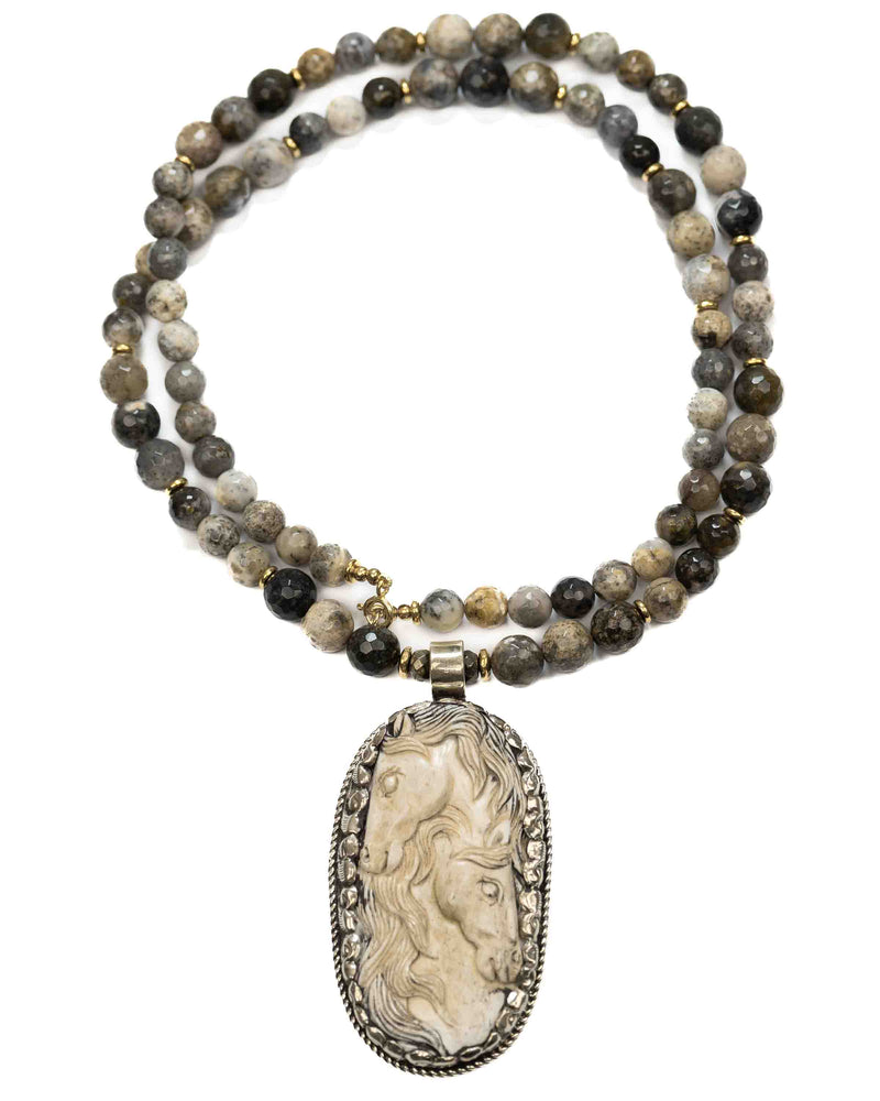 Nepali Repousse Horse Pendant on Dendritic Opal Long Gemstone Necklace