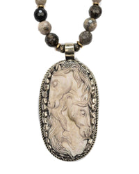 Nepali Repousse Horse Pendant on Dendritic Opal Long Gemstone Necklace