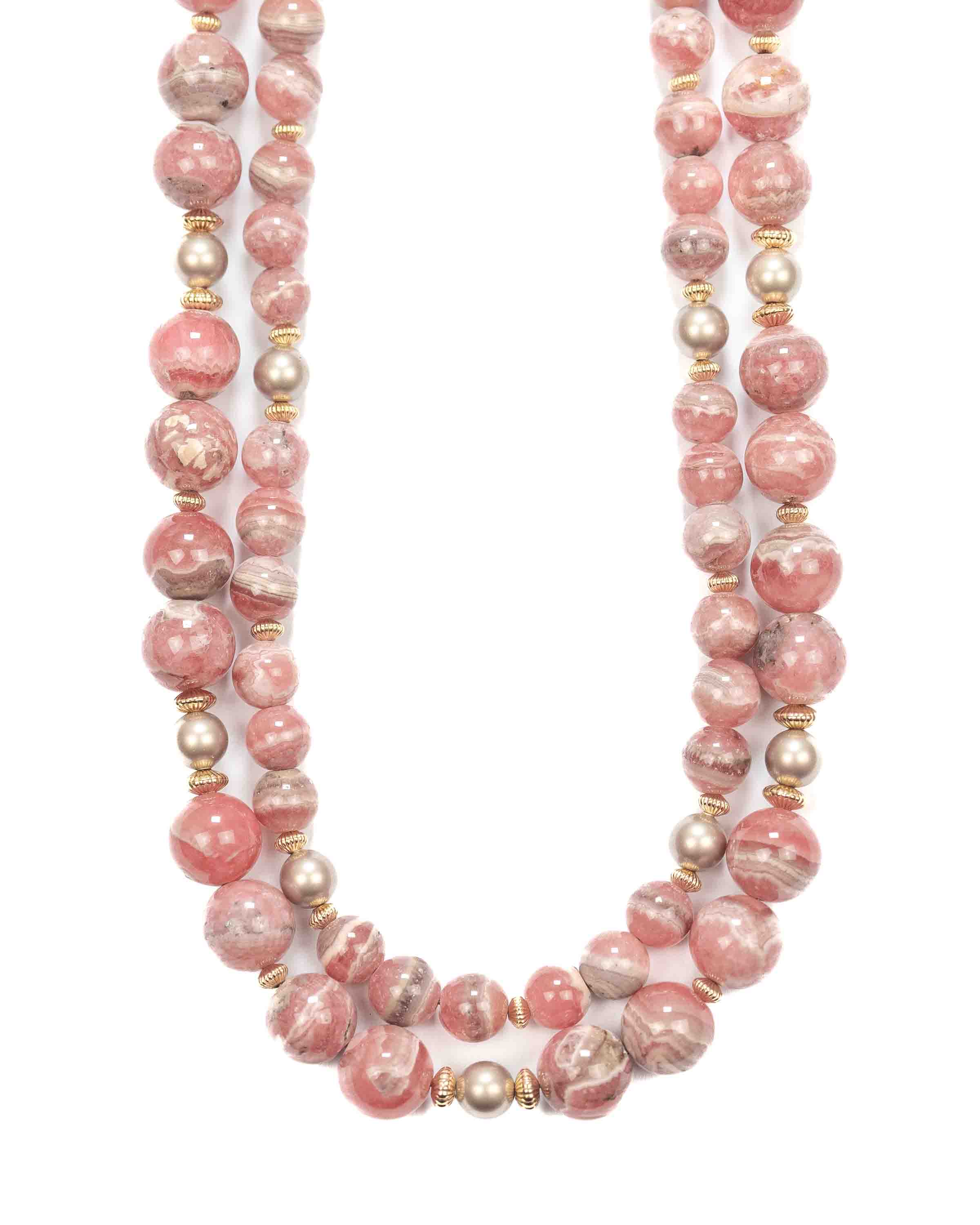 Rhodochrosite Grey Freshwater Pearl Double Strand Statement Necklace