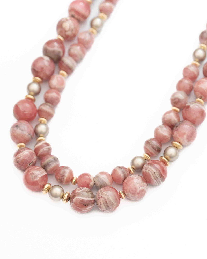 Rhodochrosite Grey Freshwater Pearl Double Strand Statement Necklace