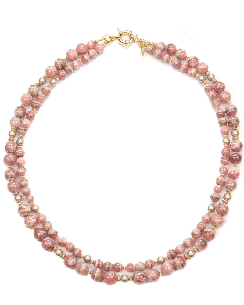 Rhodochrosite Grey Freshwater Pearl Double Strand Statement Necklace