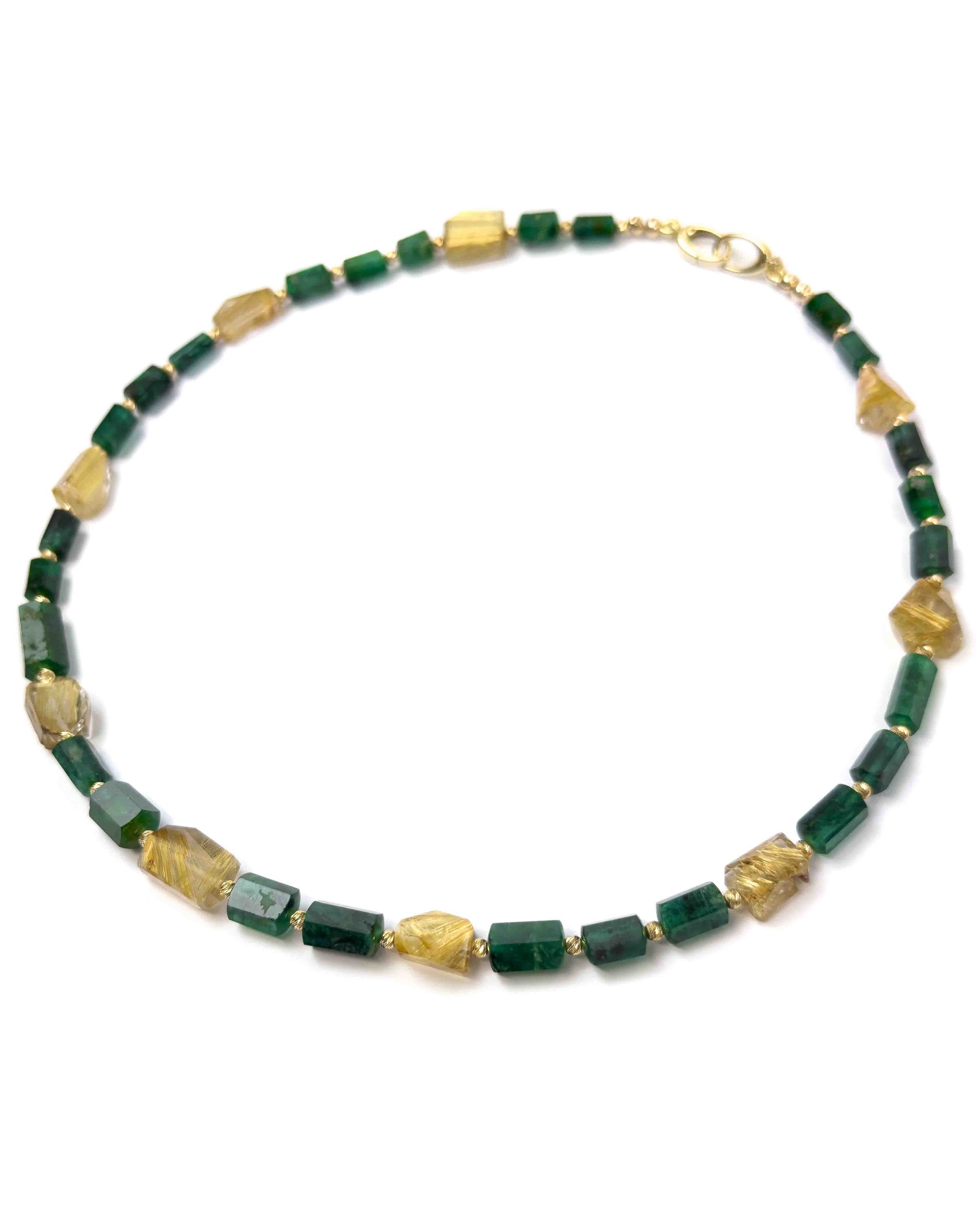 14k Natural Brazilian Emerald & Golden Rutilated Quartz Statement Necklace