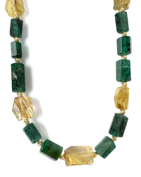 14k Natural Brazilian Emerald & Golden Rutilated Quartz Statement Necklace