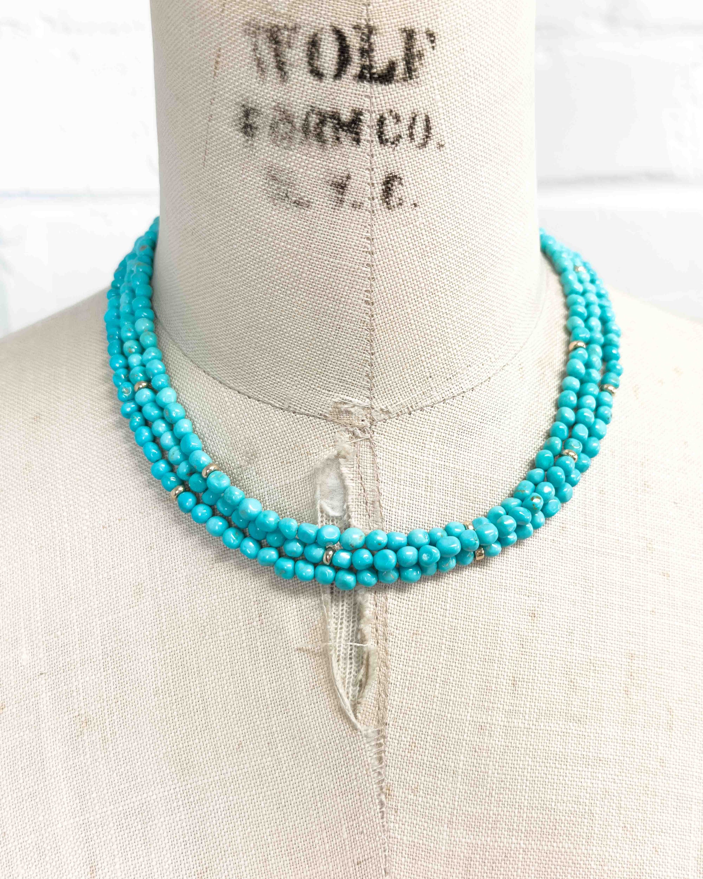 14k Natural Un-Dyed Sleeping Beauty Turquoise Triple Strand Necklace