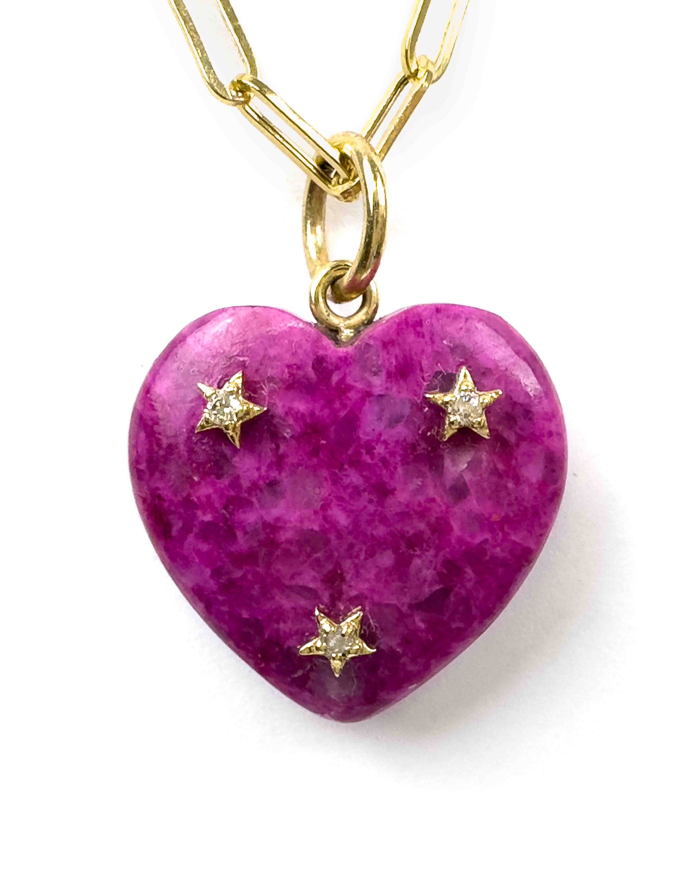 14k Gold, Diamond, & Rhodonite Heart Necklace