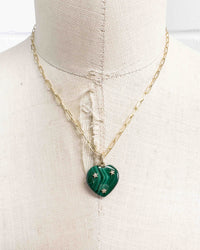 14k Gold, Diamond, & Malachite Heart Necklace